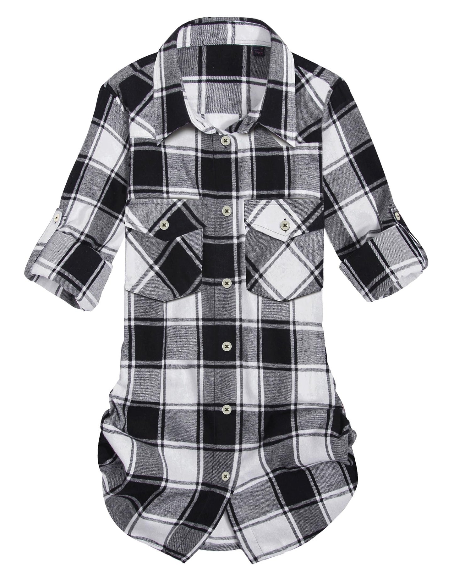 Womens Plaid Flannel Shirts Long Sleeve Roll Up Casual Button Down Shirt