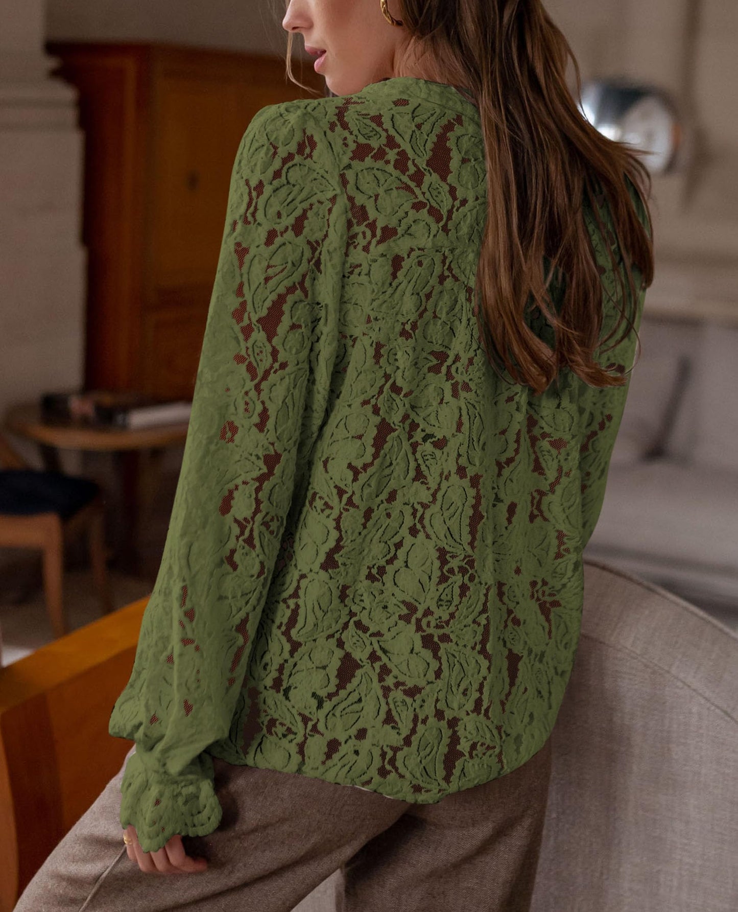 Women's Dressy Casual Lace Blouse Long Sleeve Button Up Shirts Tops