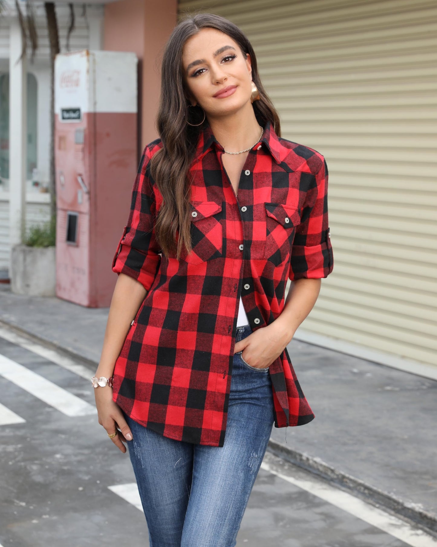 Womens Plaid Flannel Shirts Long Sleeve Roll Up Casual Button Down Shirt