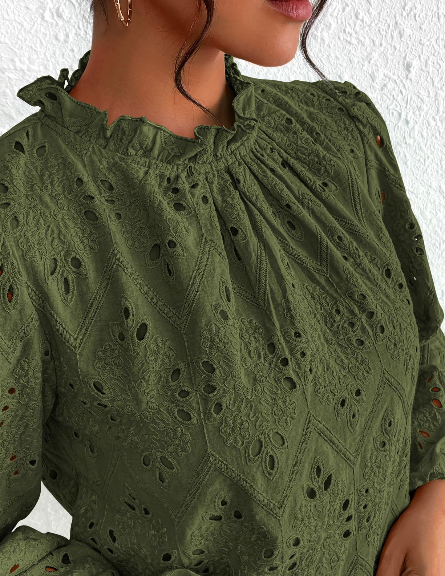 Women’s Blouses Dressy Casual Embroidered Long Puff Sleeve Shirts Ruffle Eyelet Lace Top