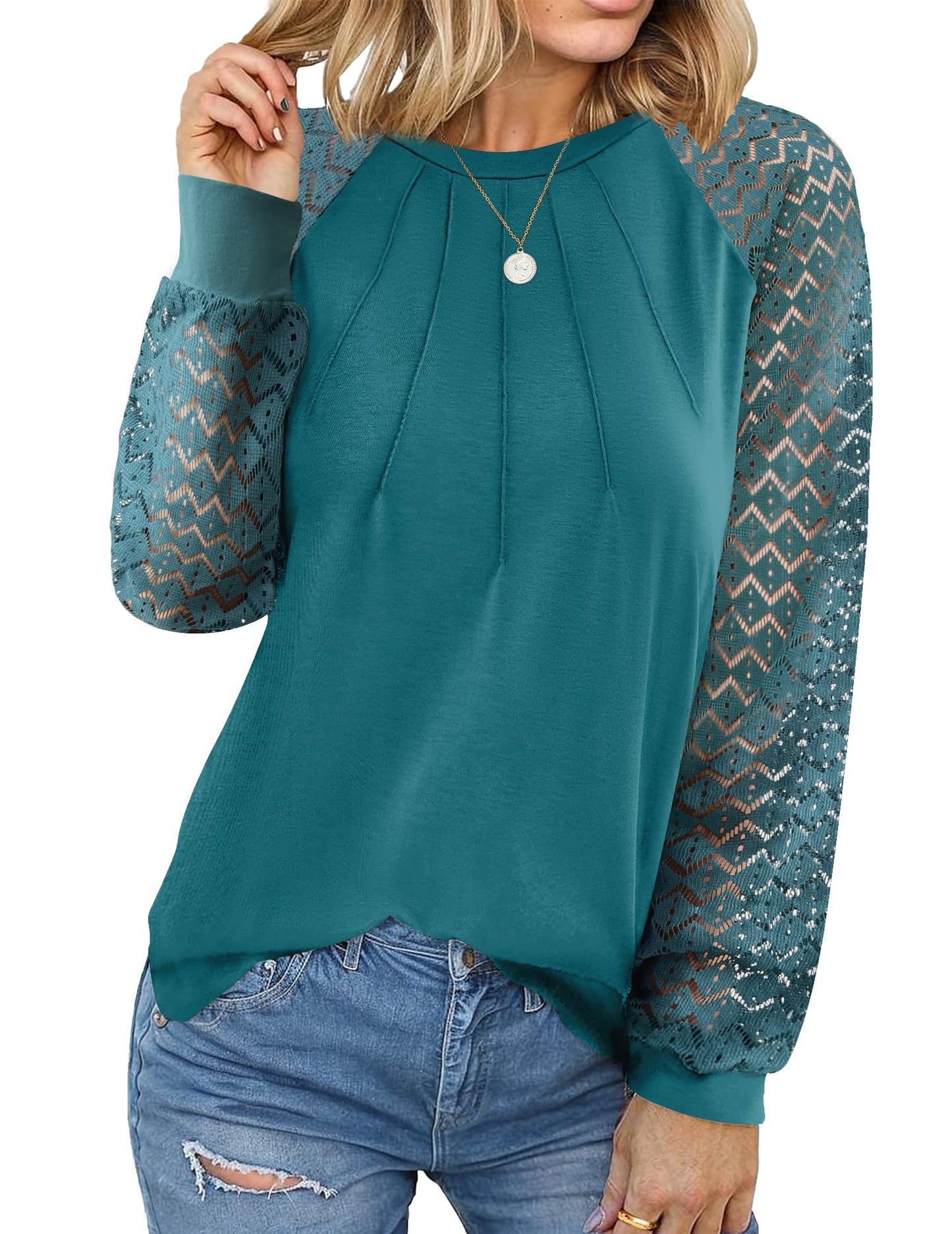 Women's Lace Long Sleeve Tops Dressy Business Casual Blouses Front Pleated Work Shirts