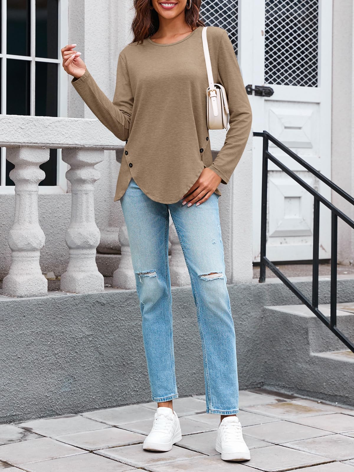 Womens Casual Long Sleeve Tunic Shirts Round Neck Button Side Blouses Tops