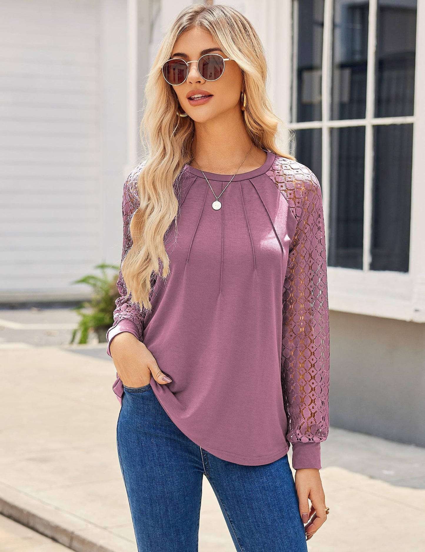 Women's Lace Long Sleeve Tops Dressy Business Casual Blouses Front Pleated Work Shirts