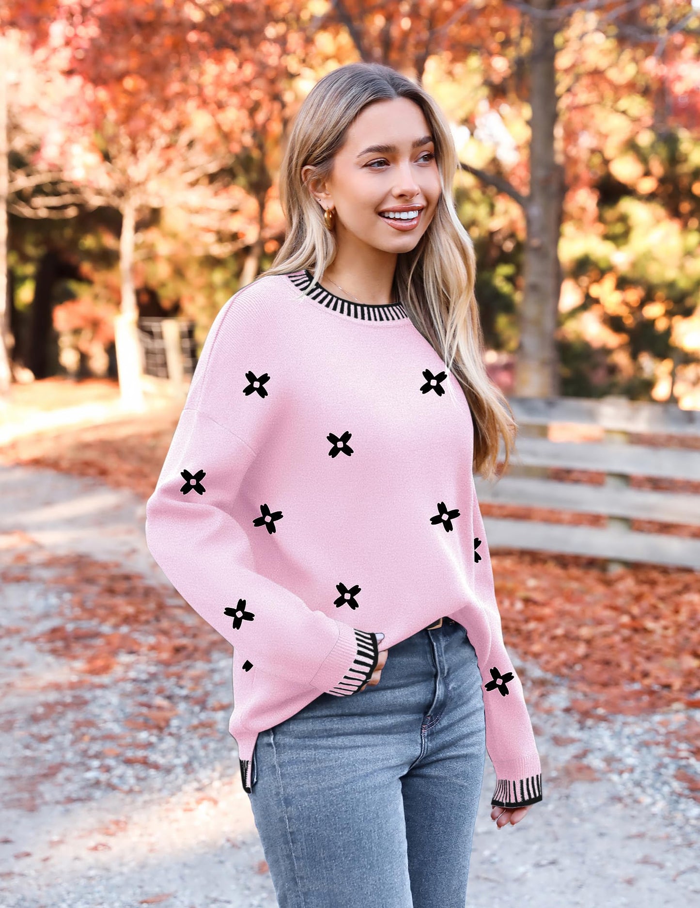 Womens Crewneck Pullover Sweater Long Sleeve Knit Side Slit
