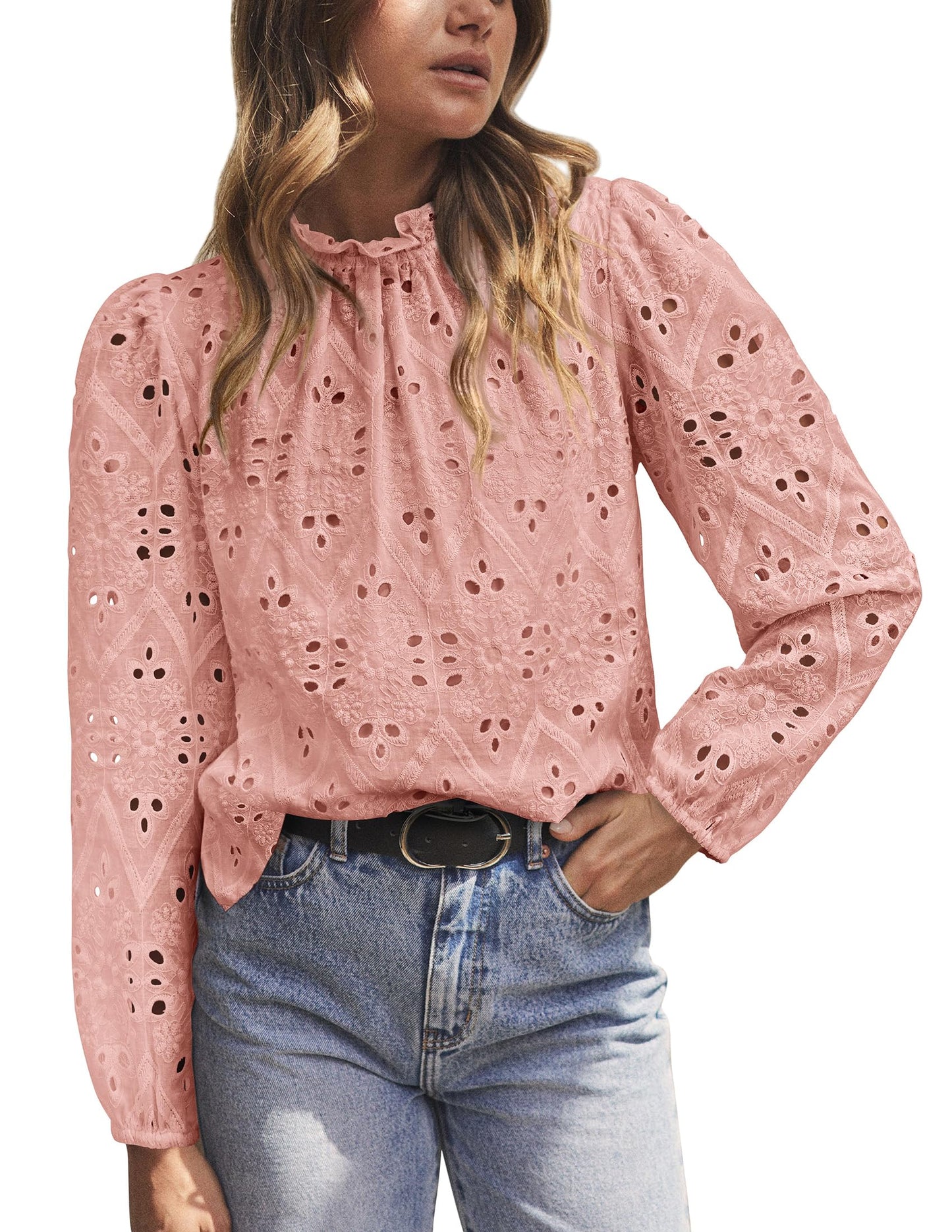 Women’s Blouses Dressy Casual Embroidered Long Puff Sleeve Shirts Ruffle Eyelet Lace Top
