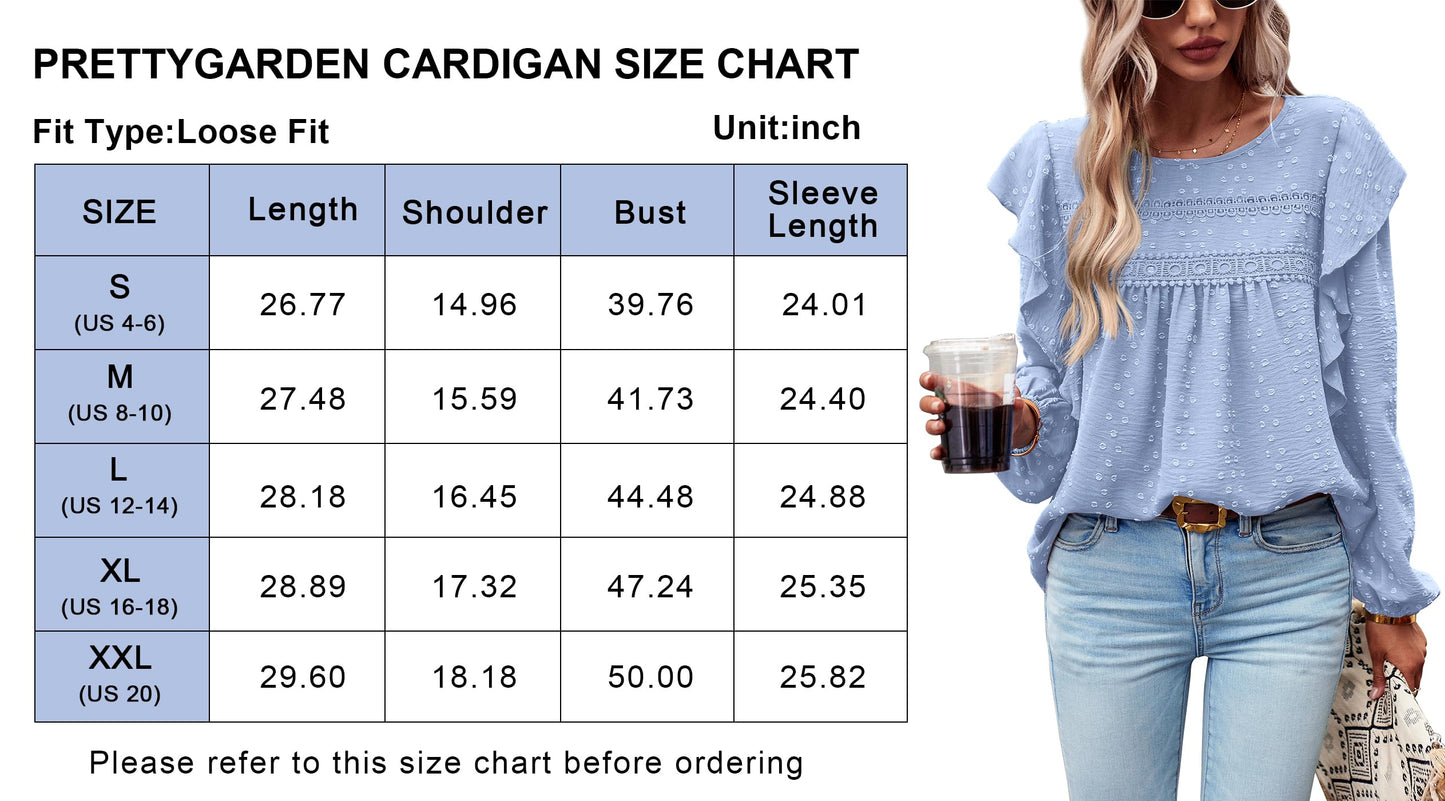 Women's Long Sleeve Blouses Ruffle Swiss Dot Crochet Loose Fit