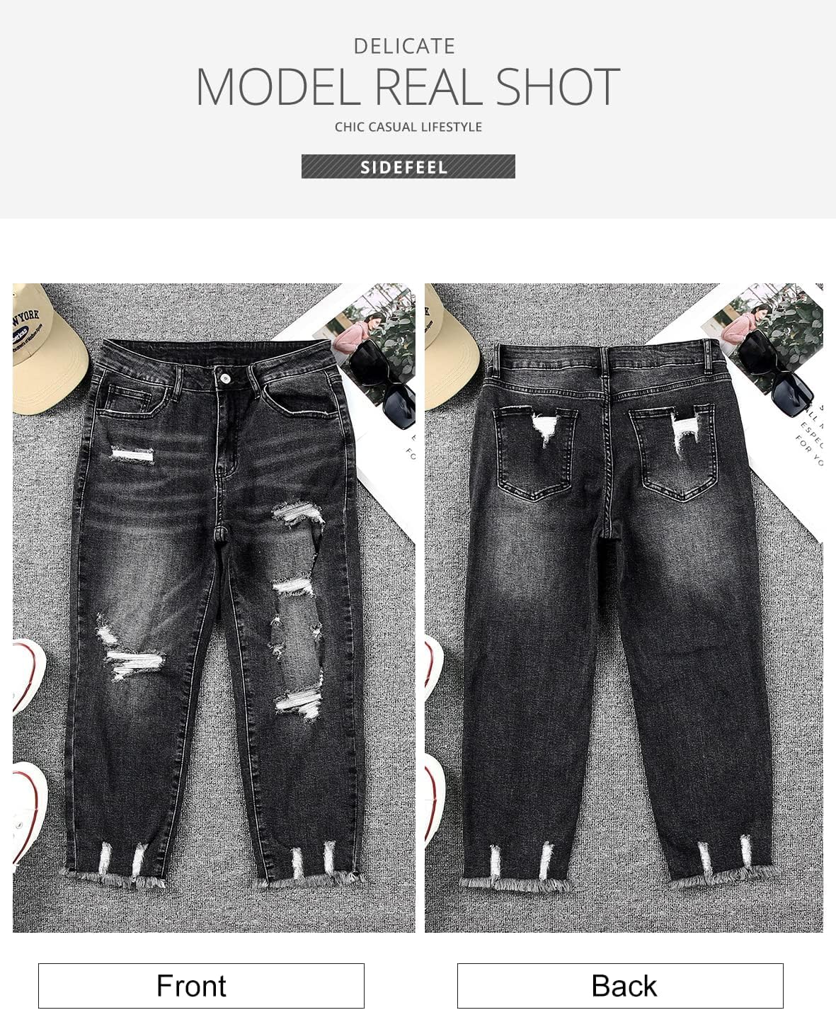 Women's Ripped Jeans Straight Leg Distressed Boyfriend Denim Pants