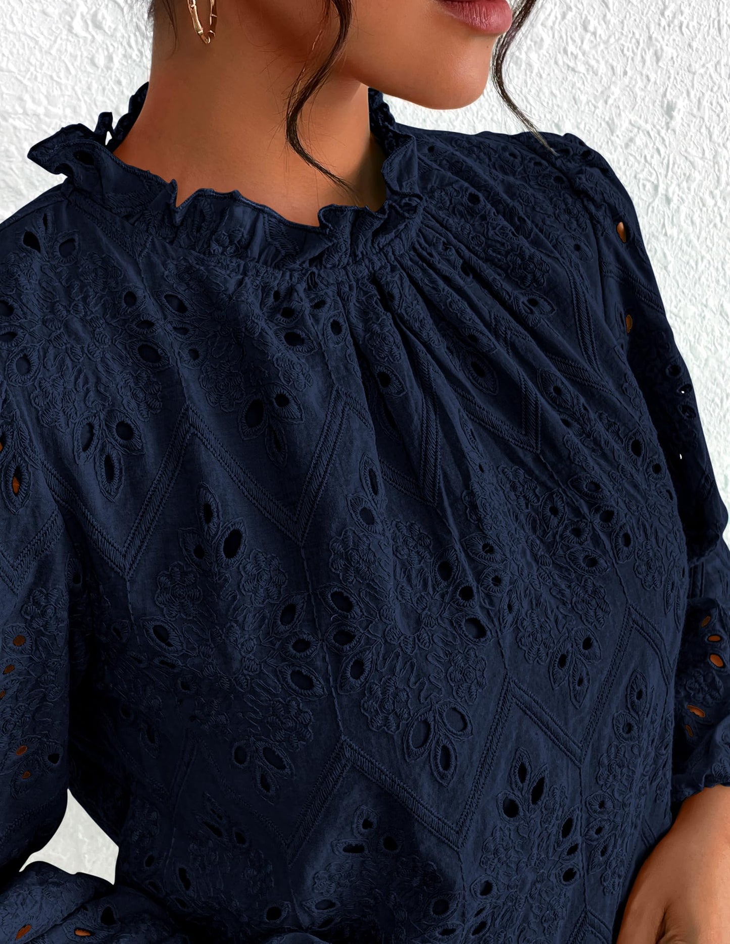 Women’s Blouses Dressy Casual Embroidered Long Puff Sleeve Shirts Ruffle Eyelet Lace Top