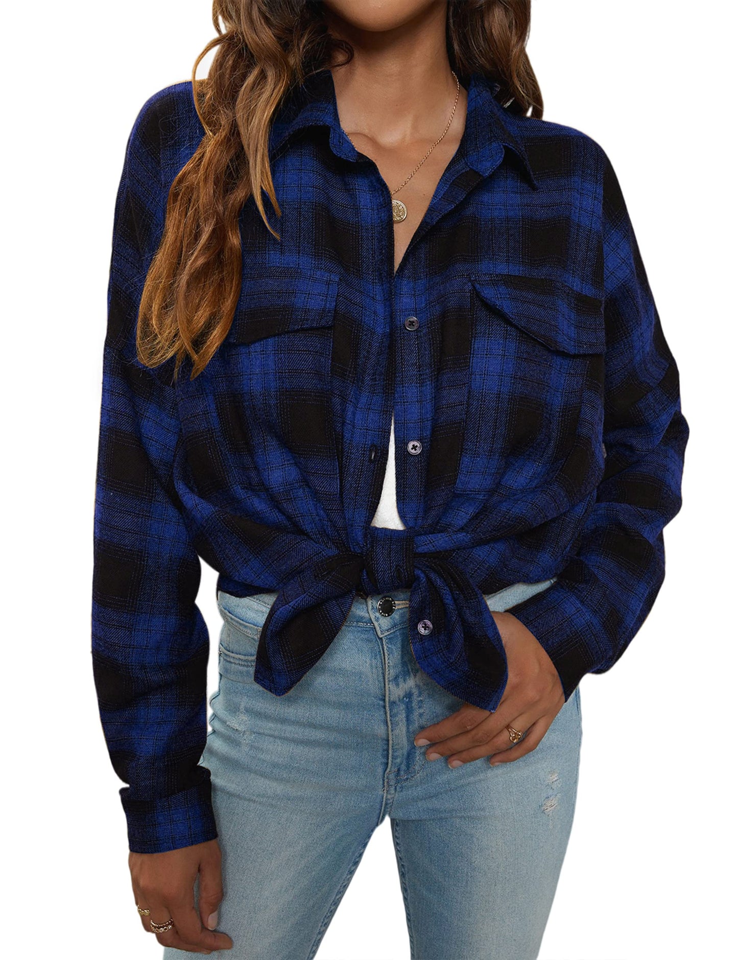 Women's Button Down Flannel Shirts Plaid Shacket Long Sleeve Collared Business Casual Tops Work Blouses