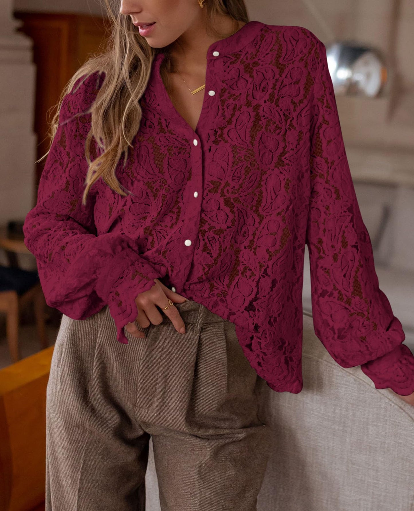 Women's Dressy Casual Lace Blouse Long Sleeve Button Up Shirts Tops