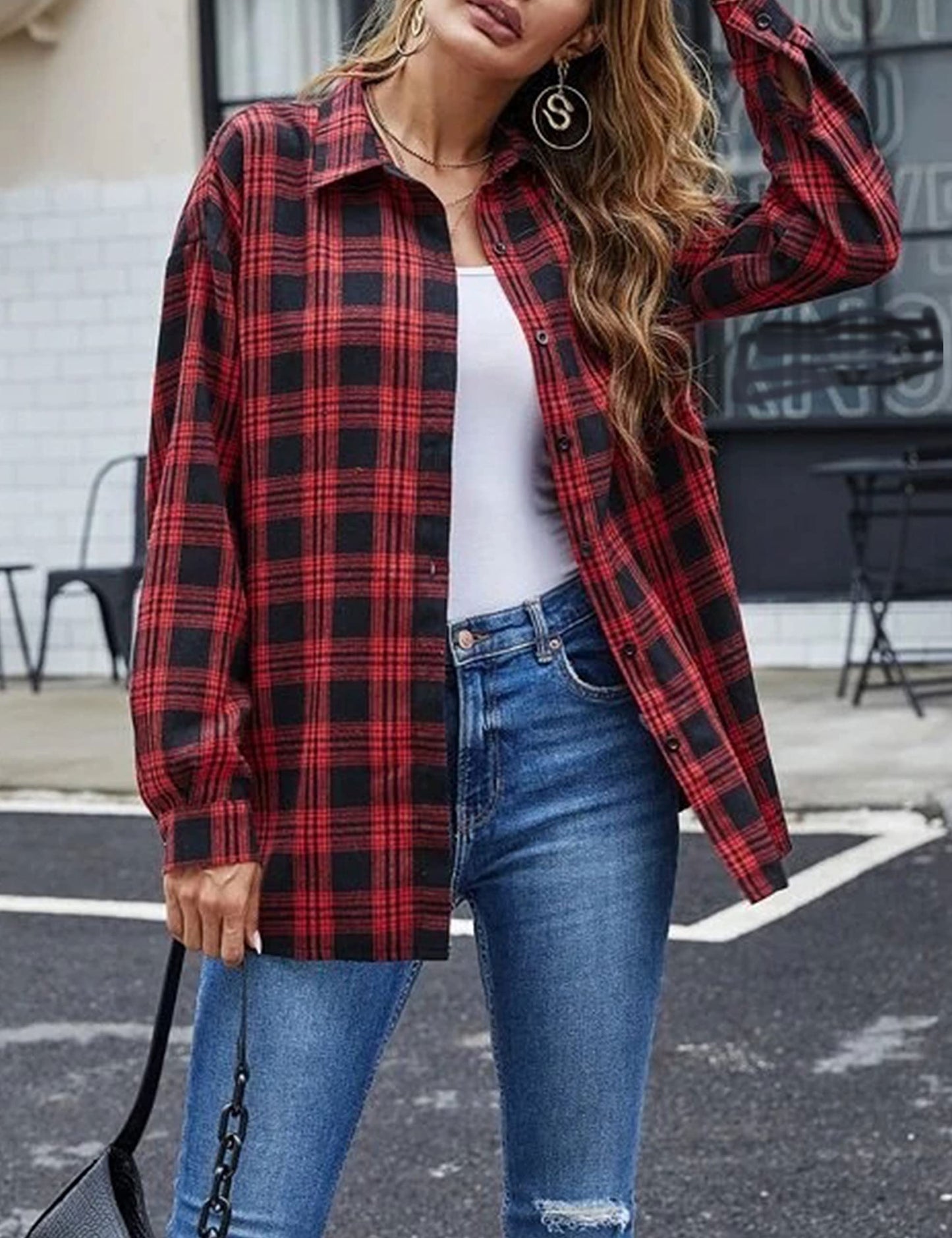Plaid Flannel Shirts for Women Oversized Long Sleeve Button Down Buffalo Plaid Shirt Blouse Tops