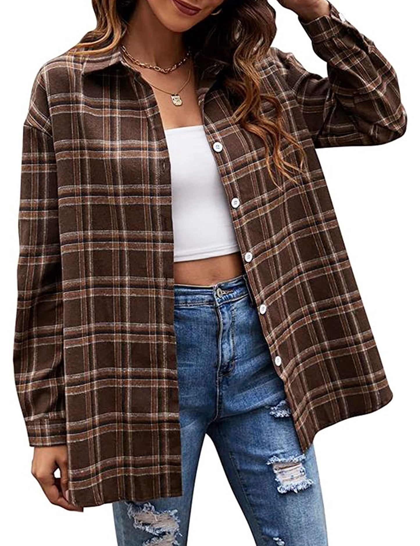 Plaid Flannel Shirts for Women Oversized Long Sleeve Button Down Buffalo Plaid Shirt Blouse Tops