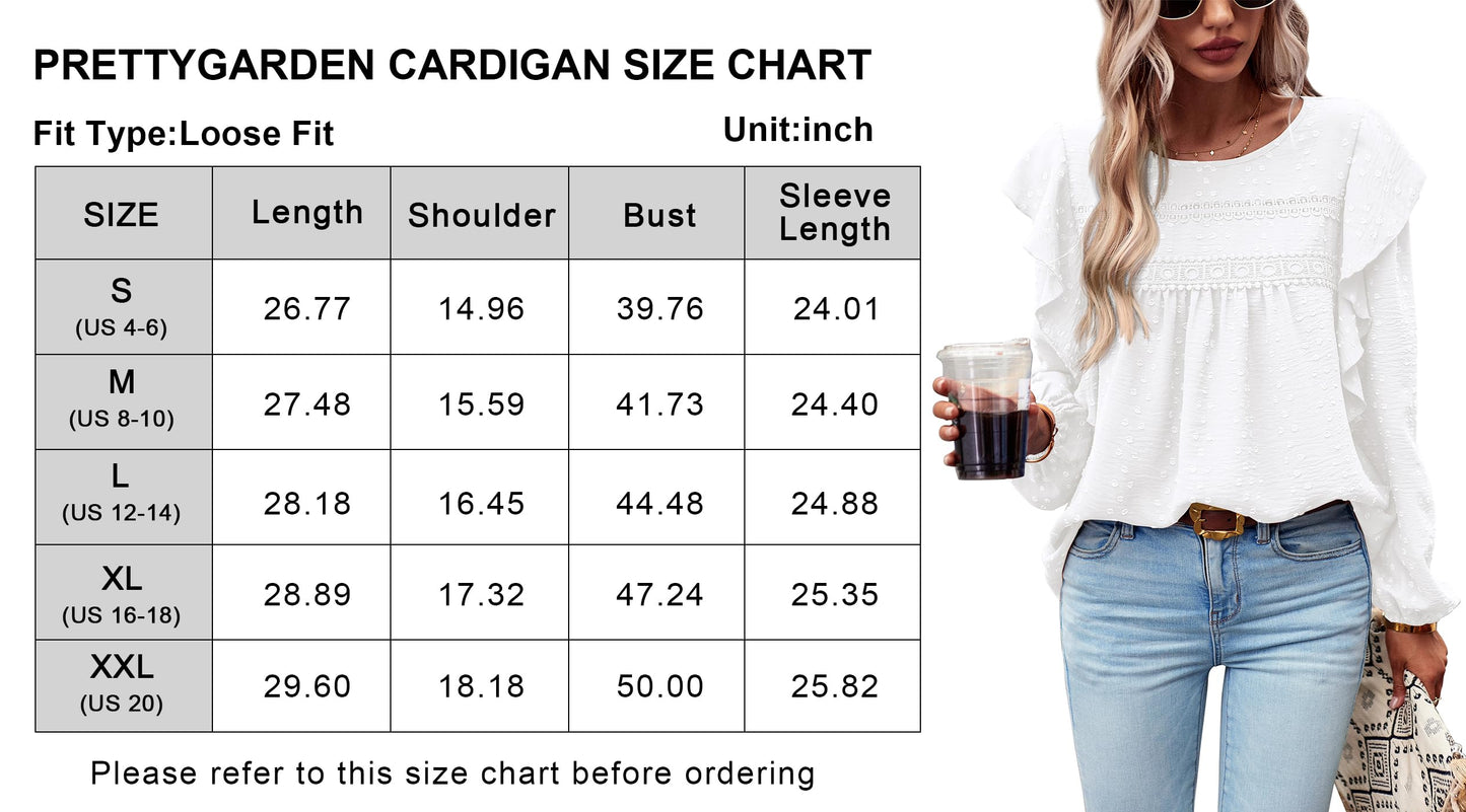 Women's Long Sleeve Blouses Ruffle Swiss Dot Crochet Loose Fit