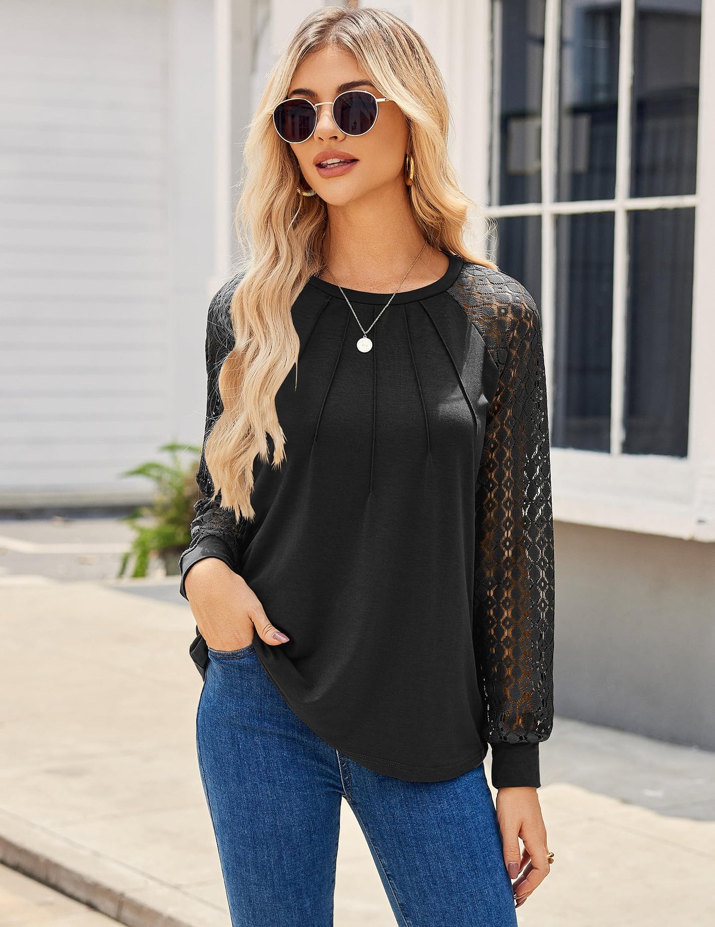 Women's Lace Long Sleeve Tops Dressy Business Casual Blouses Front Pleated Work Shirts