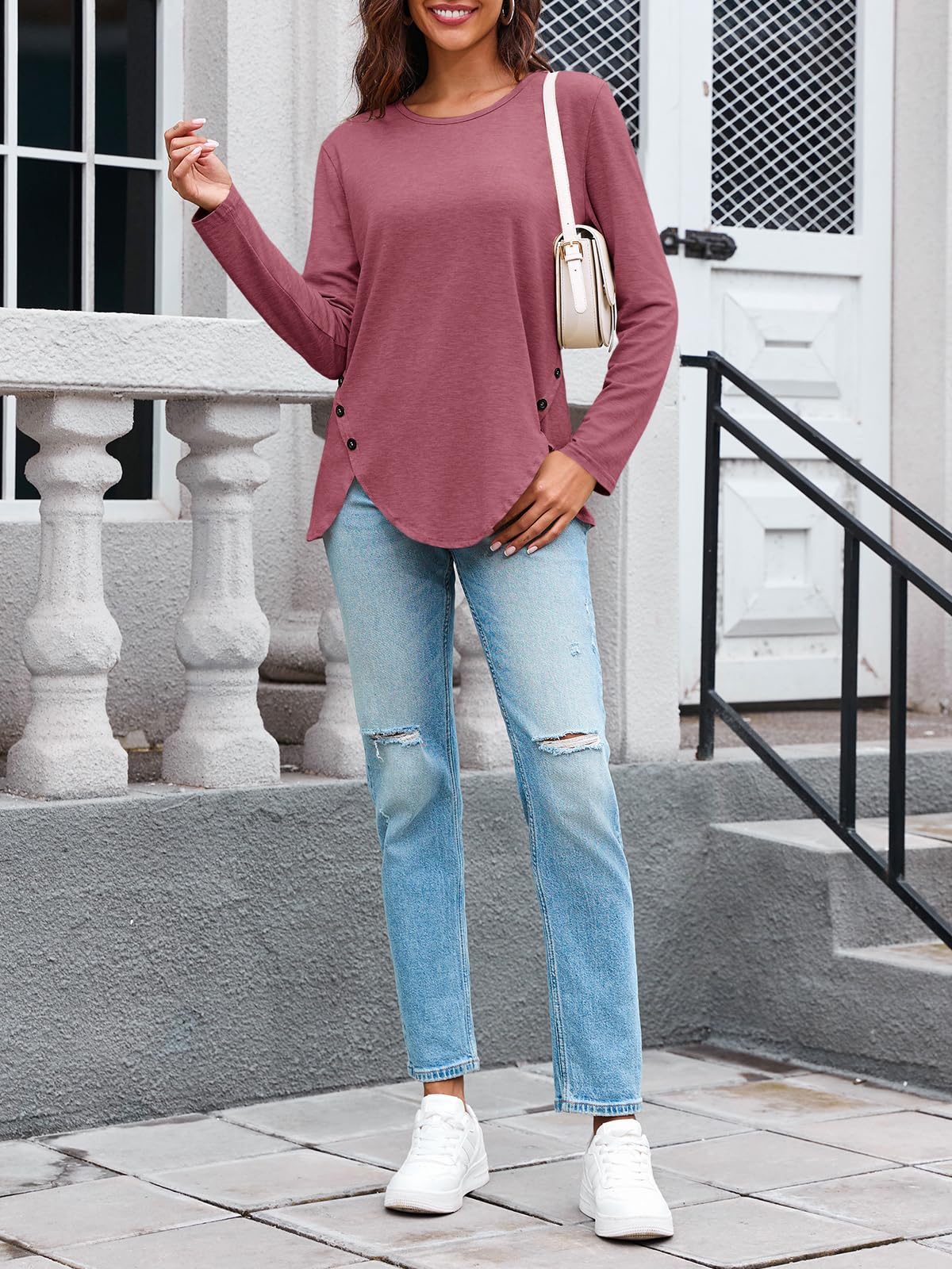 Womens Casual Long Sleeve Tunic Shirts Round Neck Button Side Blouses Tops