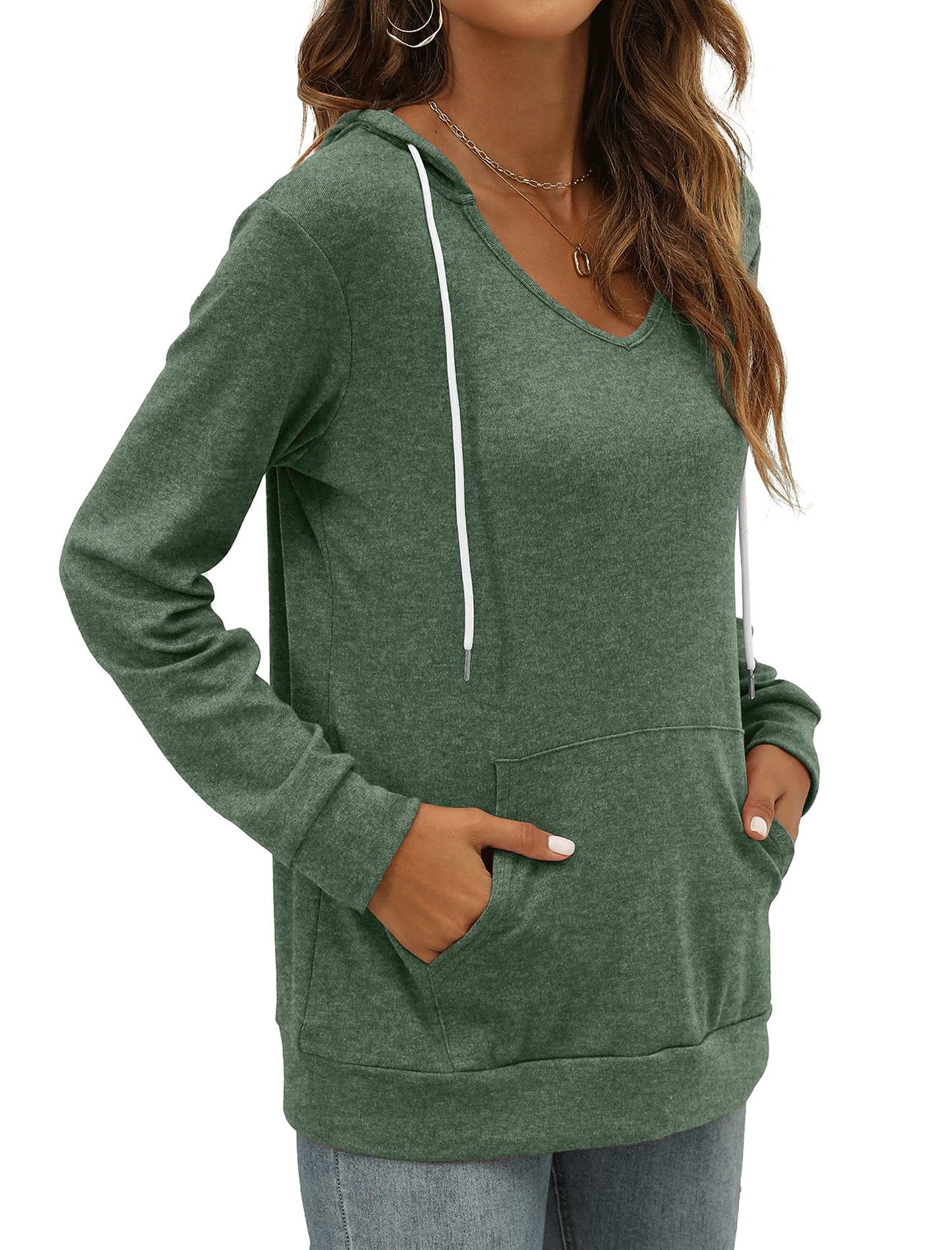 Pocket Hoodies for Womens V Neck Lightweight Sweatshirts Long Sleeve Tops