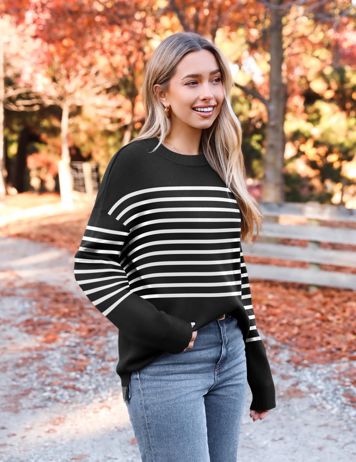 Womens Crewneck Pullover Sweater Long Sleeve Knit Side Slit