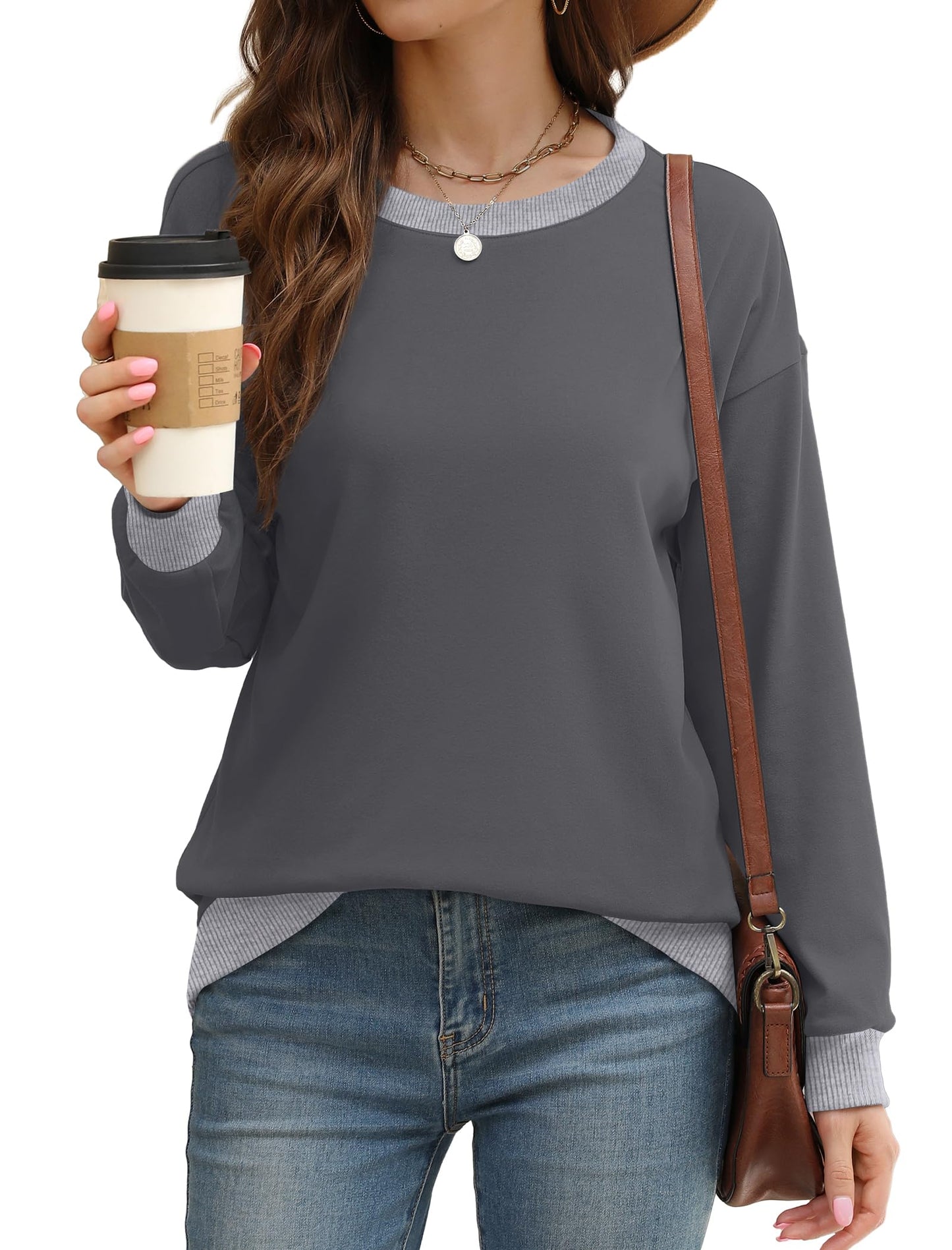 Sweatshirts for Women Crewneck Long Sleeve Loose Fit Tops Color Block Ribbed Trim Fashion