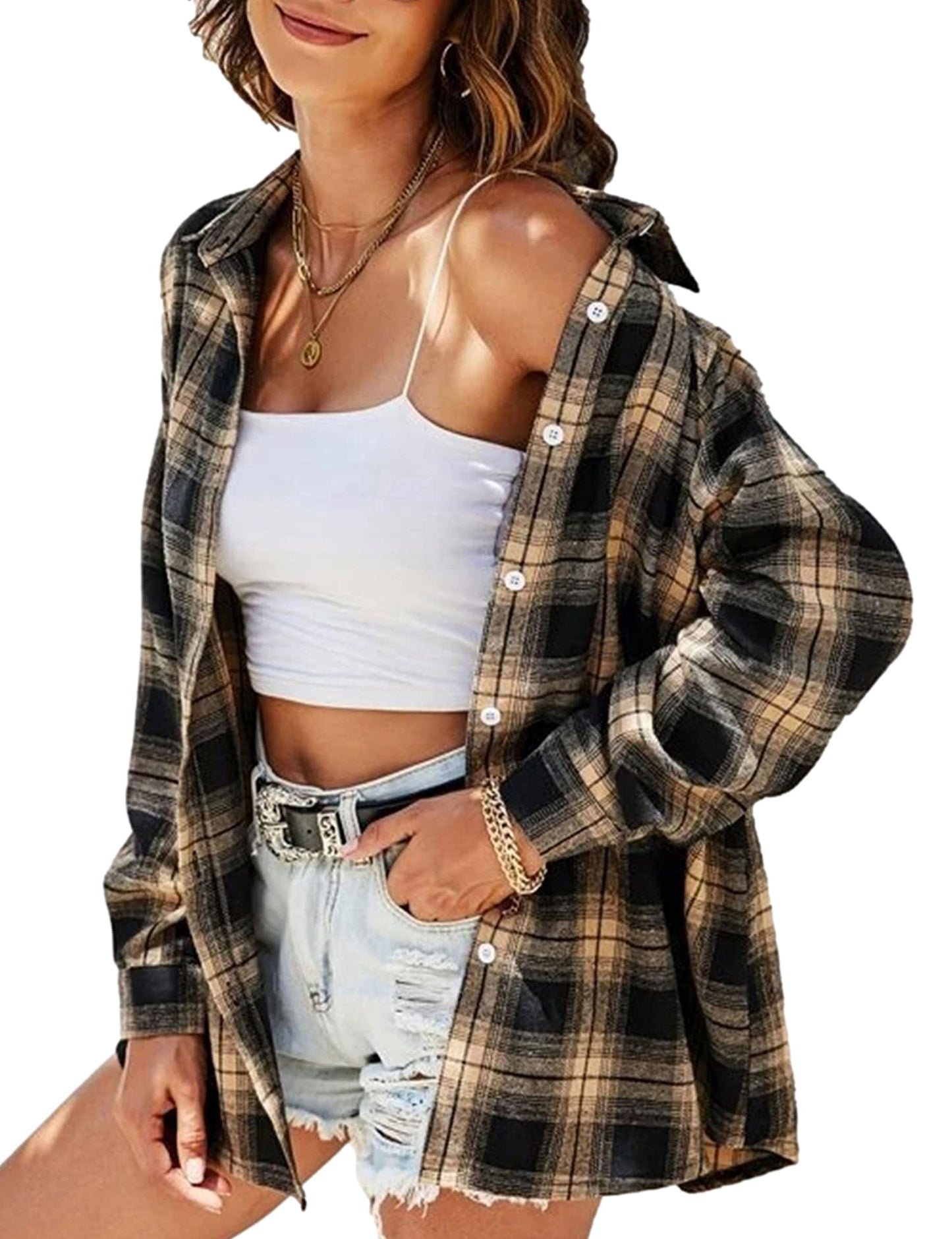 Plaid Flannel Shirts for Women Oversized Long Sleeve Button Down Buffalo Plaid Shirt Blouse Tops