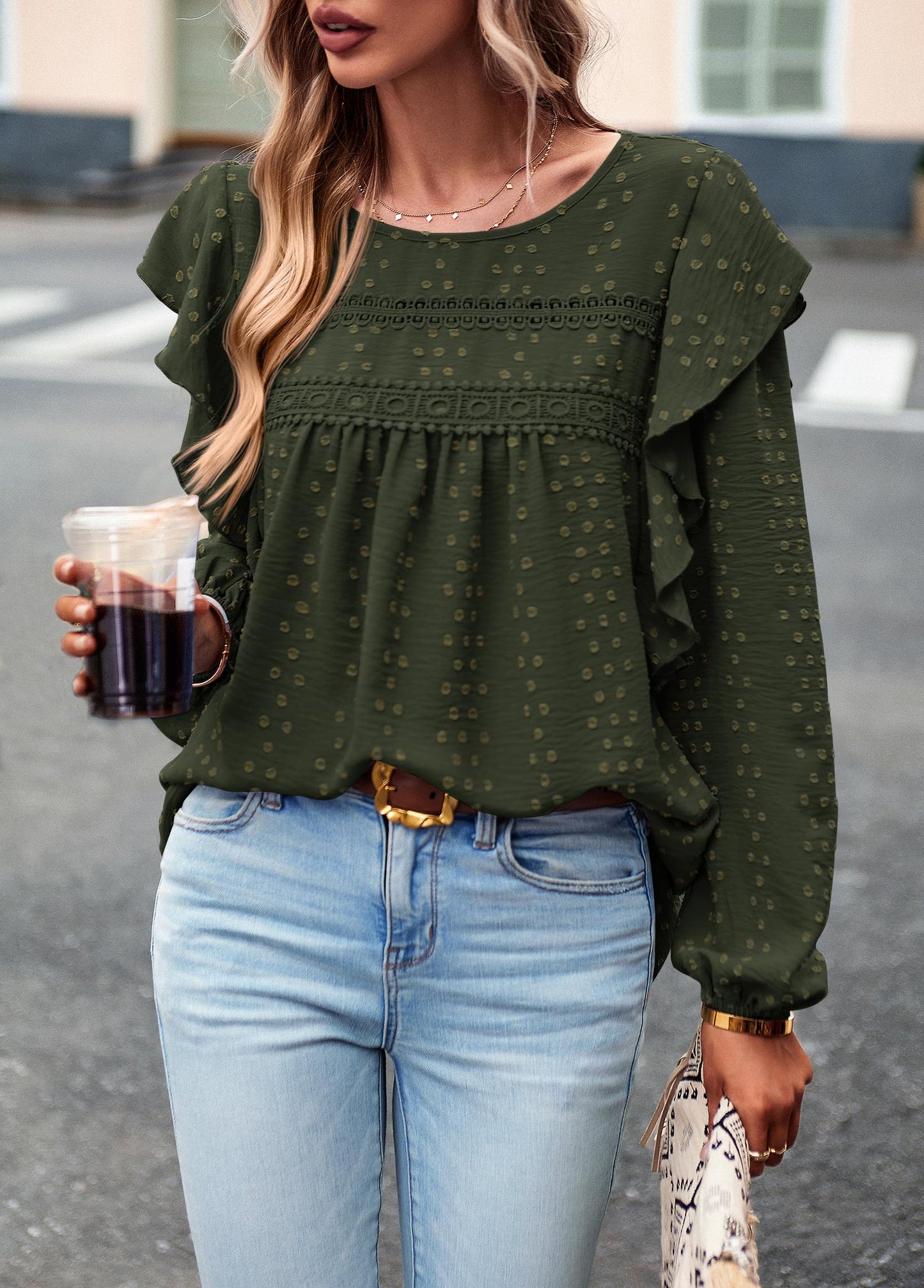 Women's Long Sleeve Blouses Ruffle Swiss Dot Crochet Loose Fit