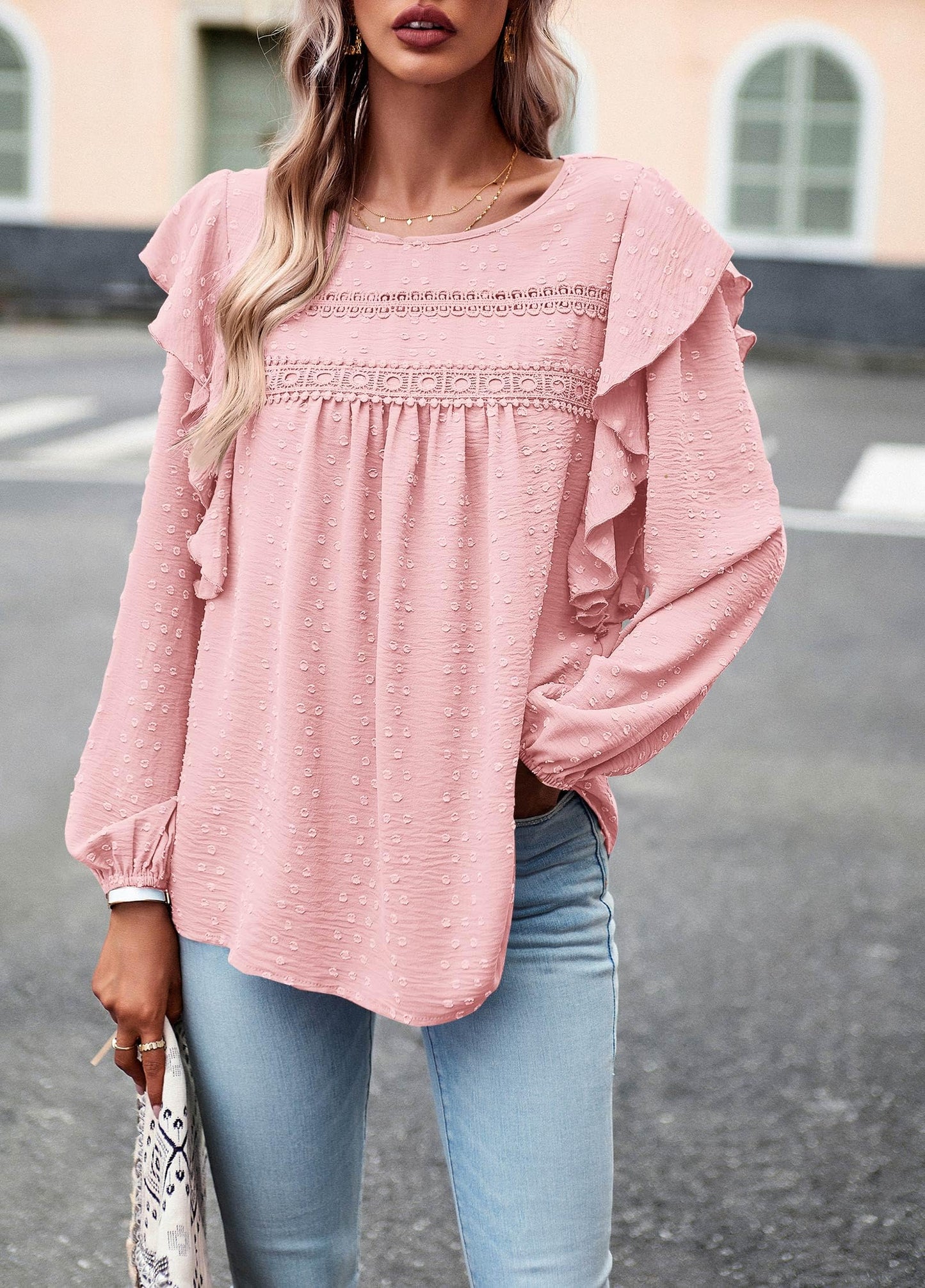 Women's Long Sleeve Blouses Ruffle Swiss Dot Crochet Loose Fit