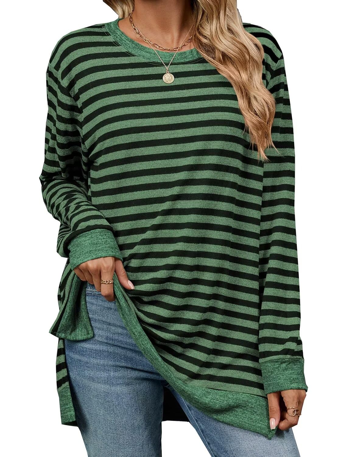 Womens Crewneck Pullovers Color Block Long Sleeve Side Split Tunic Tops