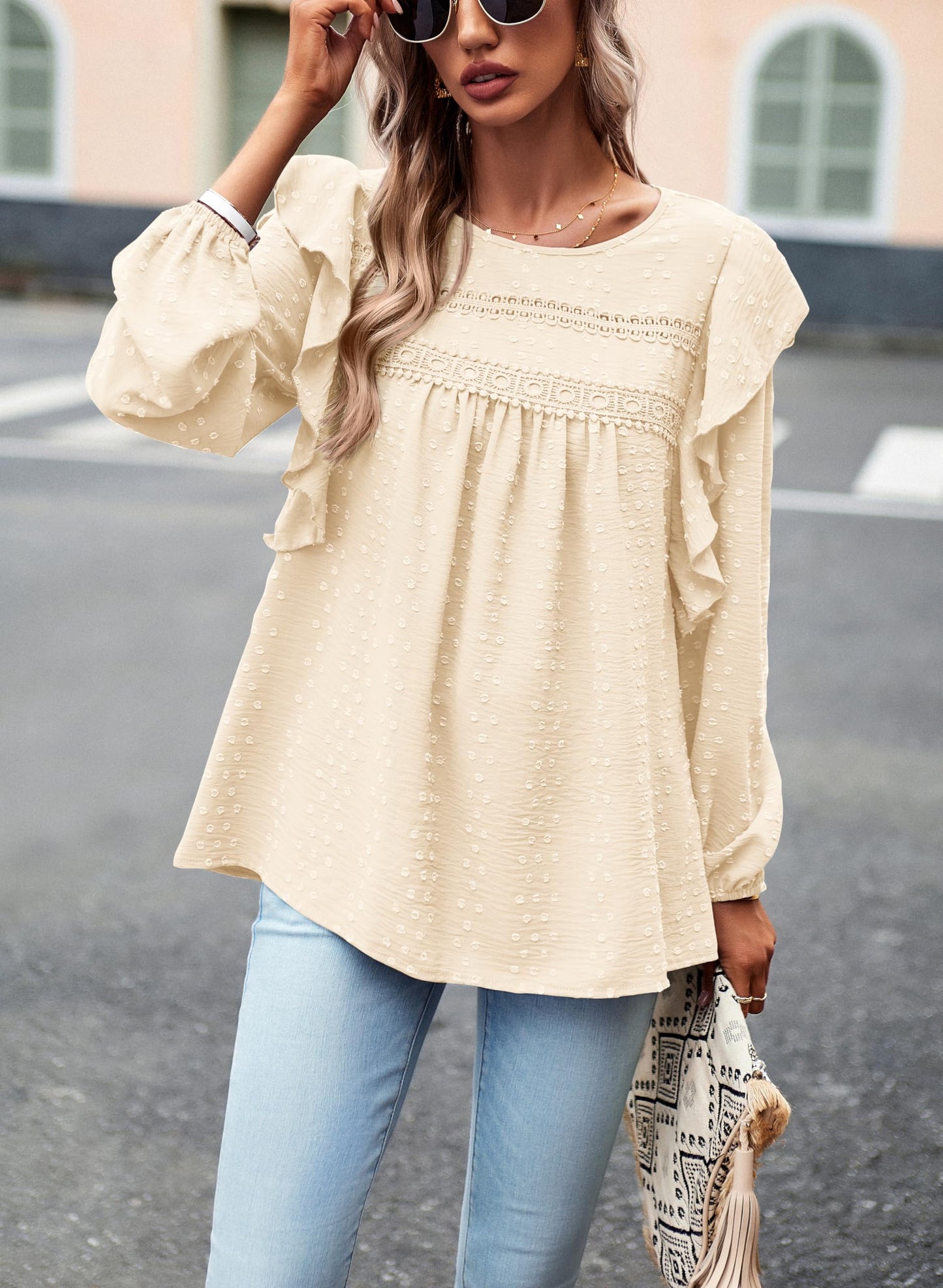 Women's Long Sleeve Blouses Ruffle Swiss Dot Crochet Loose Fit