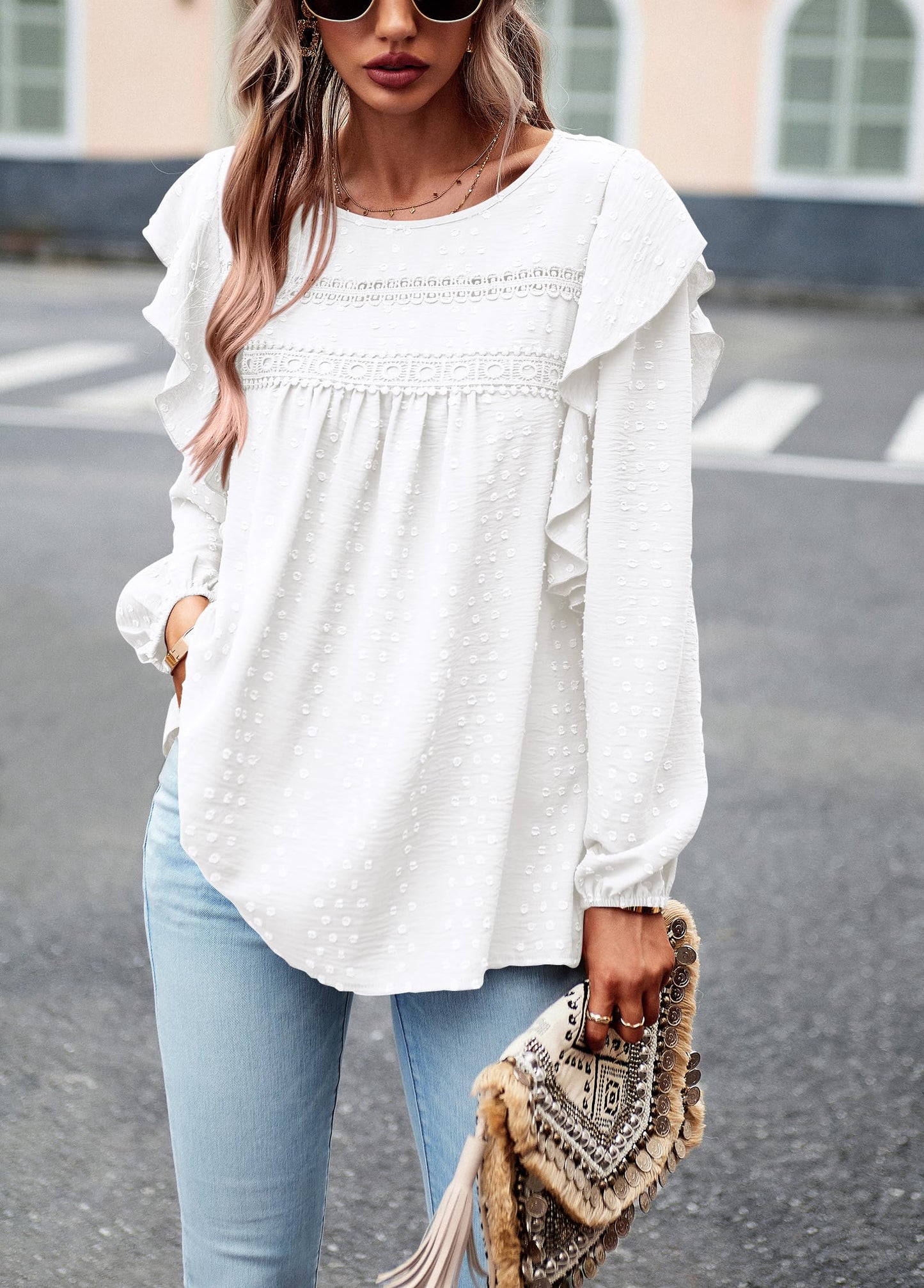 Women's Long Sleeve Blouses Ruffle Swiss Dot Crochet Loose Fit
