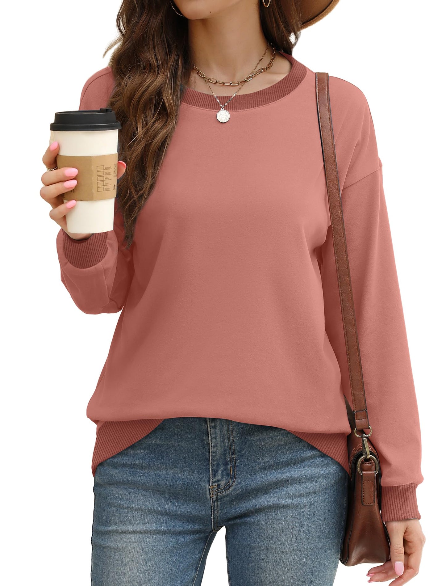 Sweatshirts for Women Crewneck Long Sleeve Loose Fit Tops Color Block Ribbed Trim Fashion