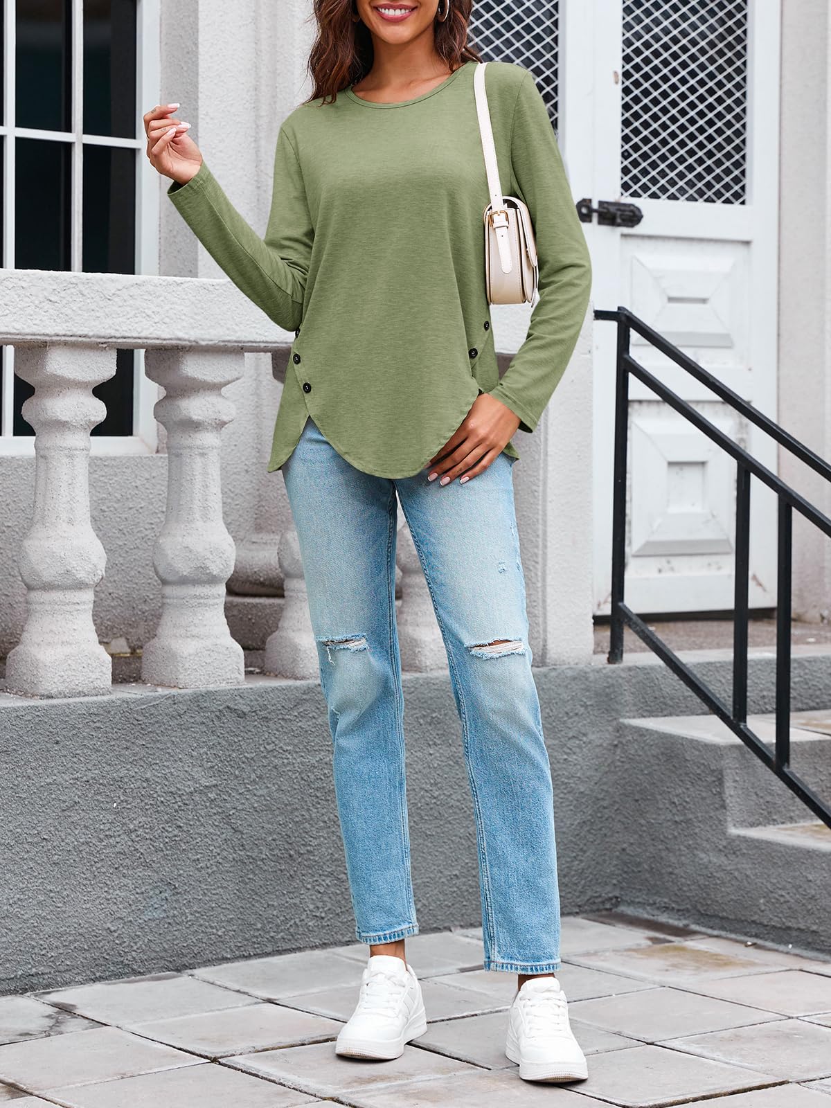 Womens Casual Long Sleeve Tunic Shirts Round Neck Button Side Blouses Tops