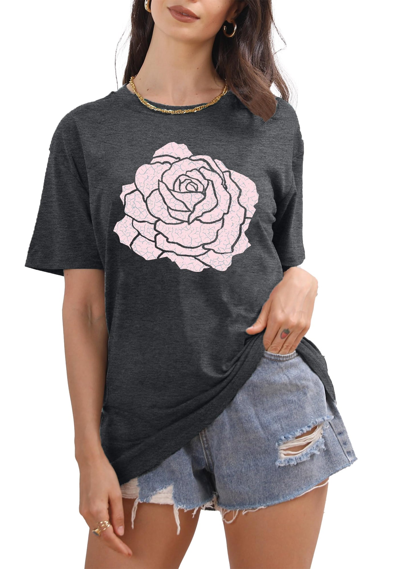 Rose Shirt for Women Flower Graphic Tee Vintage Roses T Shirts Women Loose Fit Rose Tops Short Sleeve