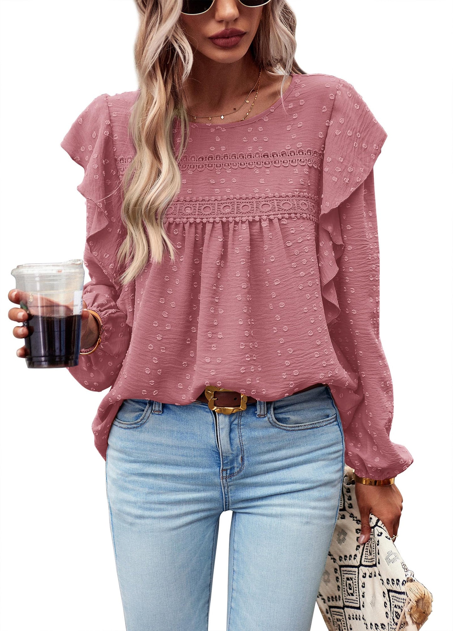Women's Long Sleeve Blouses Ruffle Swiss Dot Crochet Loose Fit