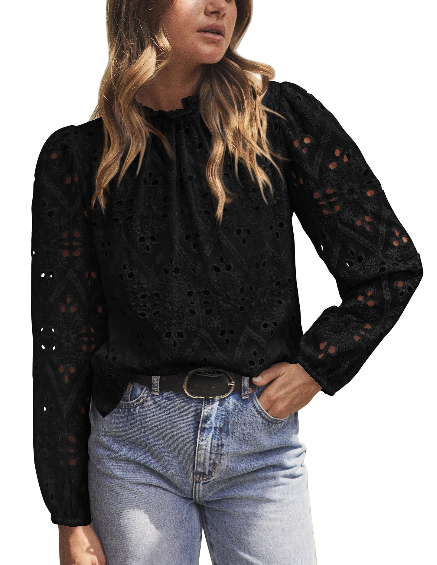 Women’s Blouses Dressy Casual Embroidered Long Puff Sleeve Shirts Ruffle Eyelet Lace Top