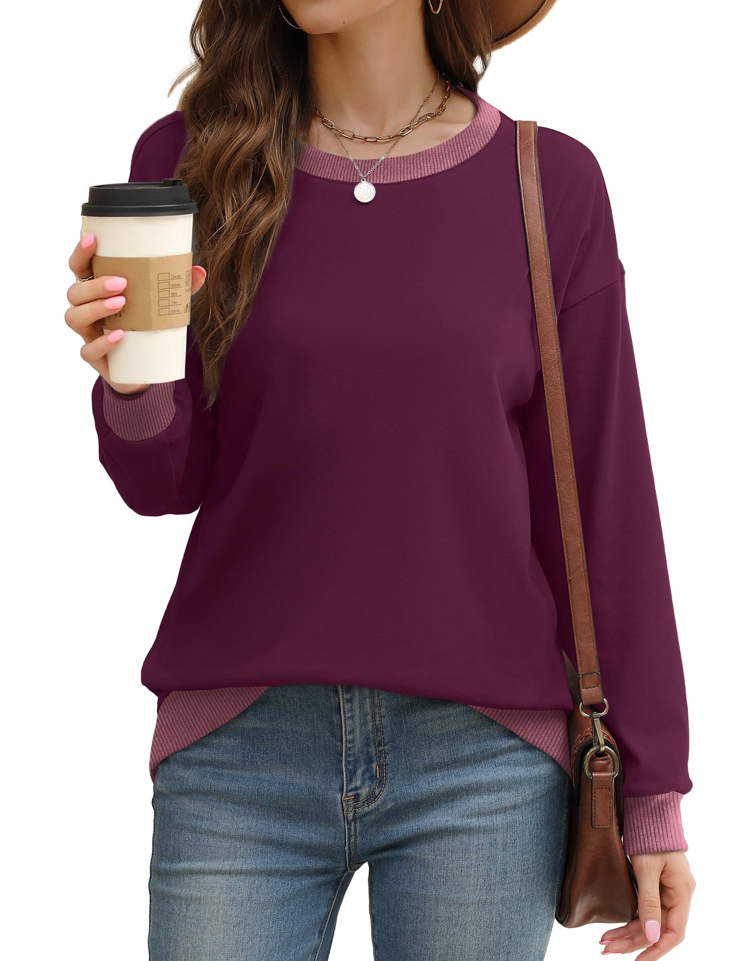 Sweatshirts for Women Crewneck Long Sleeve Loose Fit Tops Color Block Ribbed Trim Fashion