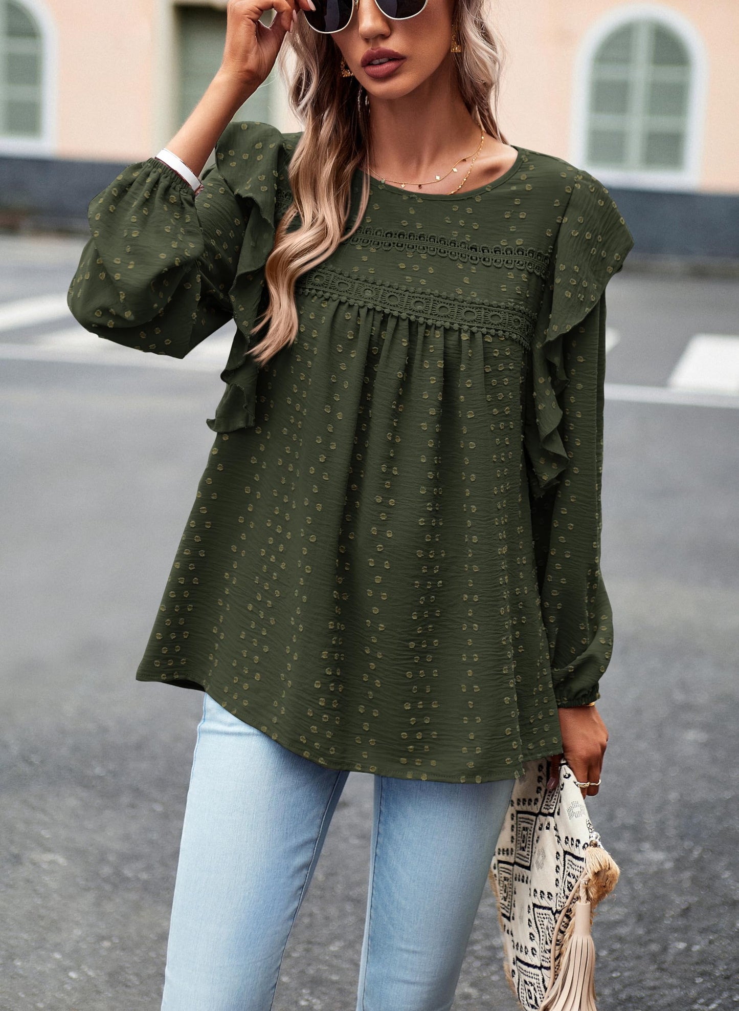 Women's Long Sleeve Blouses Ruffle Swiss Dot Crochet Loose Fit