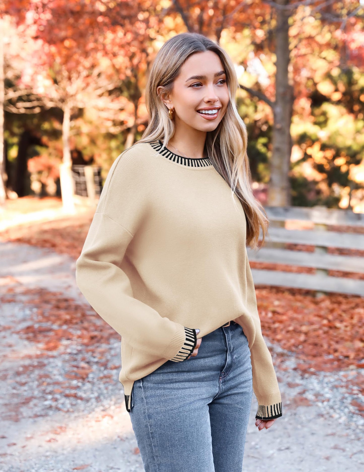Womens Crewneck Pullover Sweater Long Sleeve Knit Side Slit