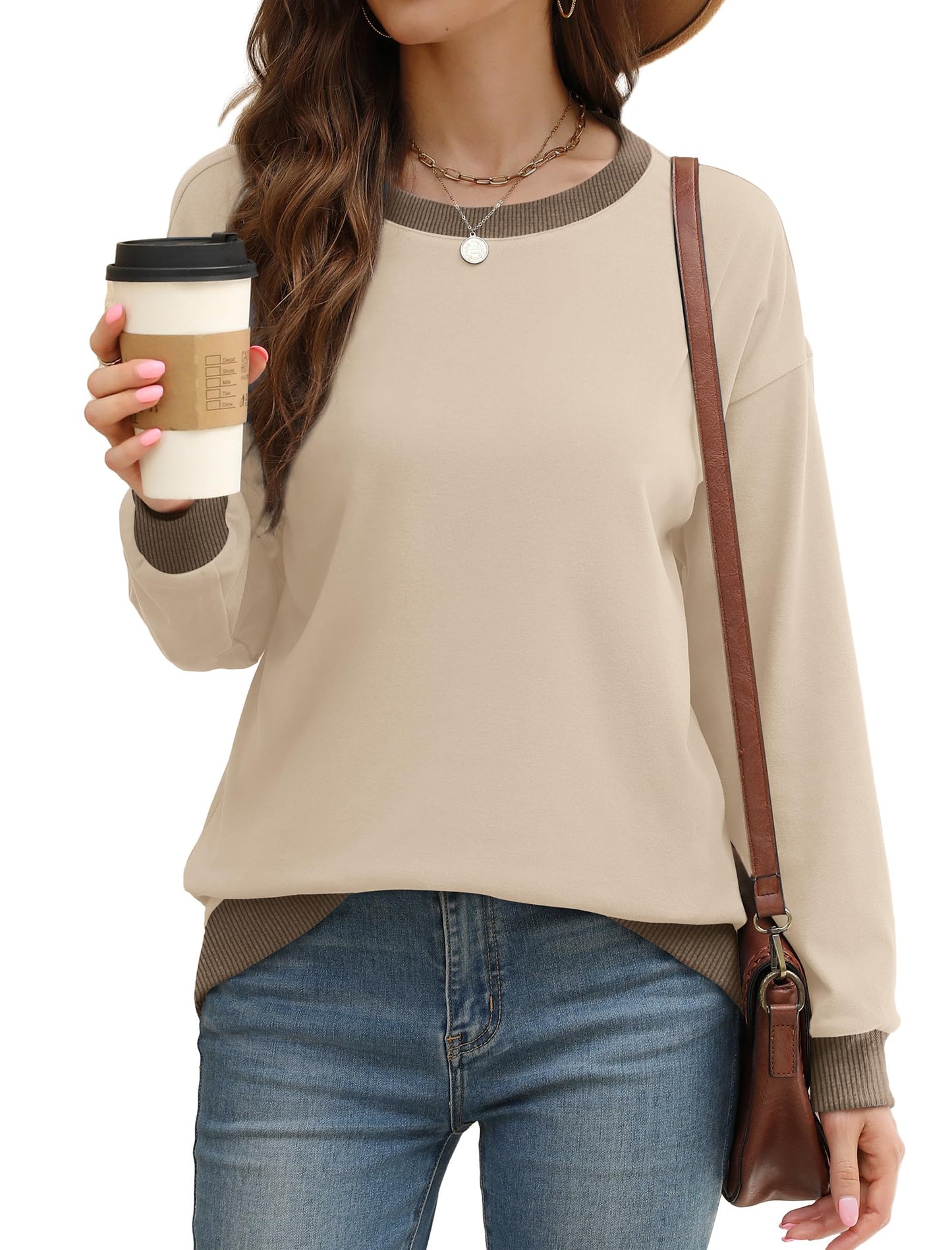 Sweatshirts for Women Crewneck Long Sleeve Loose Fit Tops Color Block Ribbed Trim Fashion