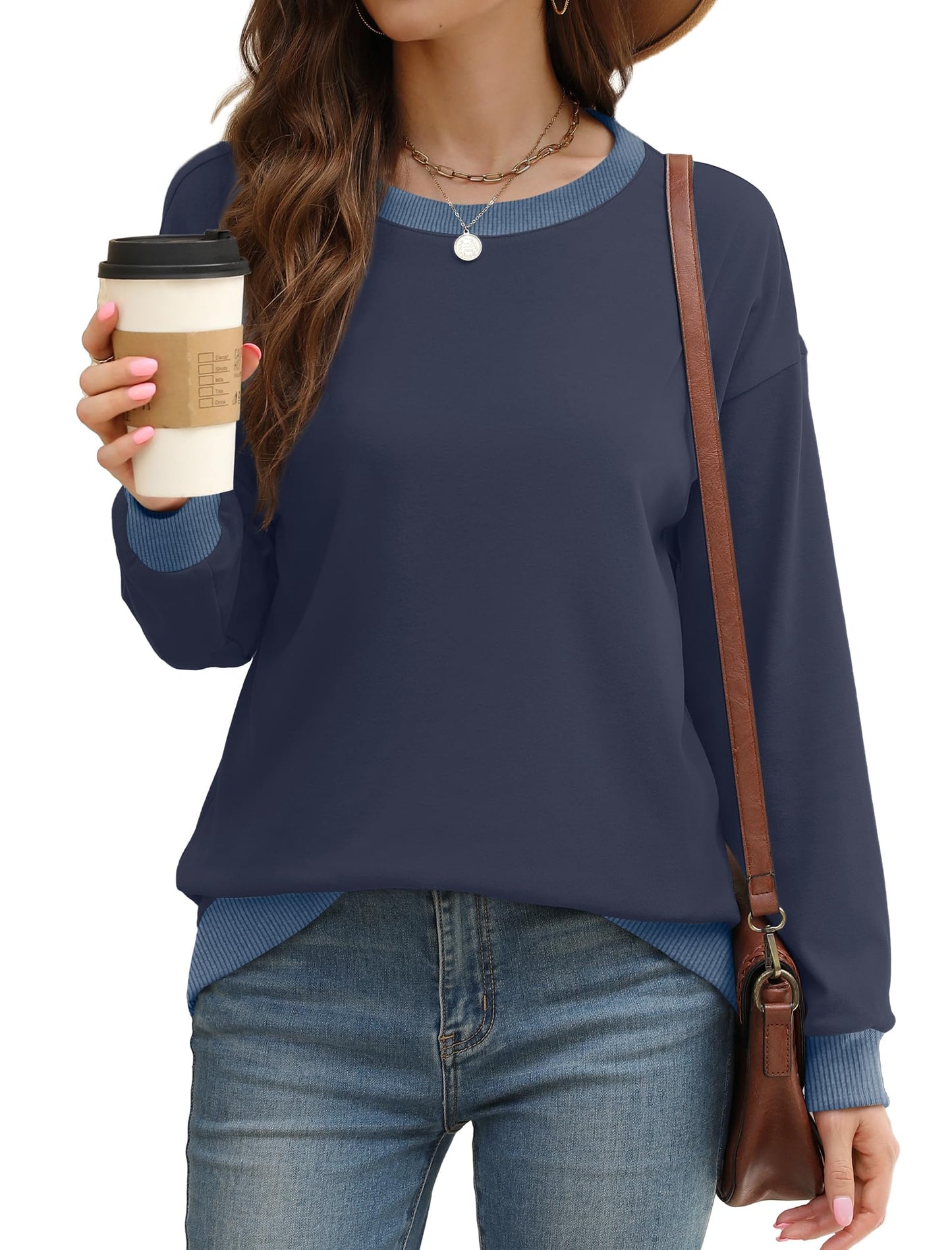 Sweatshirts for Women Crewneck Long Sleeve Loose Fit Tops Color Block Ribbed Trim Fashion