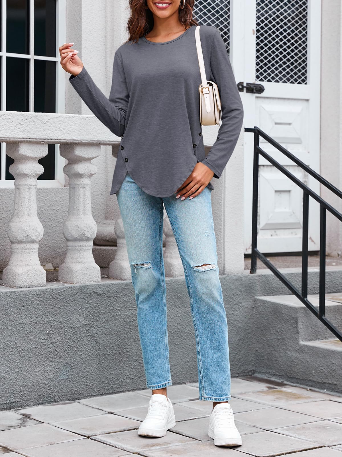 Womens Casual Long Sleeve Tunic Shirts Round Neck Button Side Blouses Tops