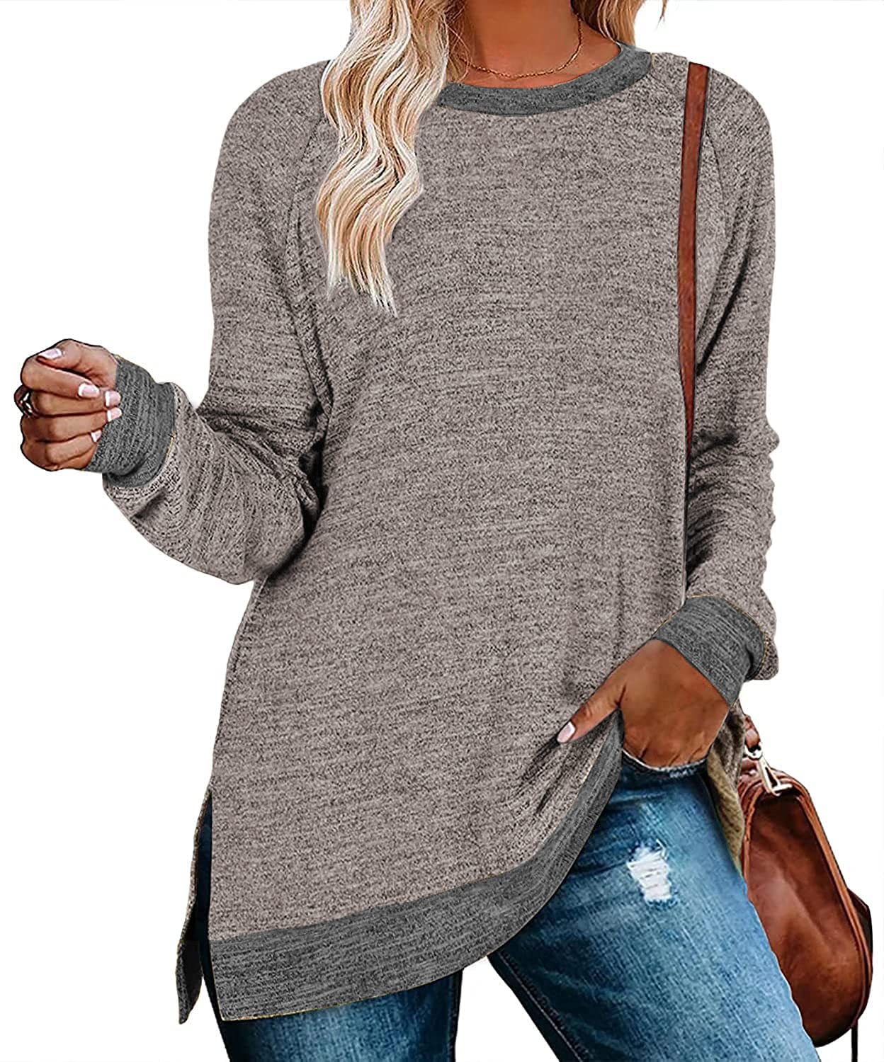Womens Crewneck Pullovers Color Block Long Sleeve Side Split Tunic Tops
