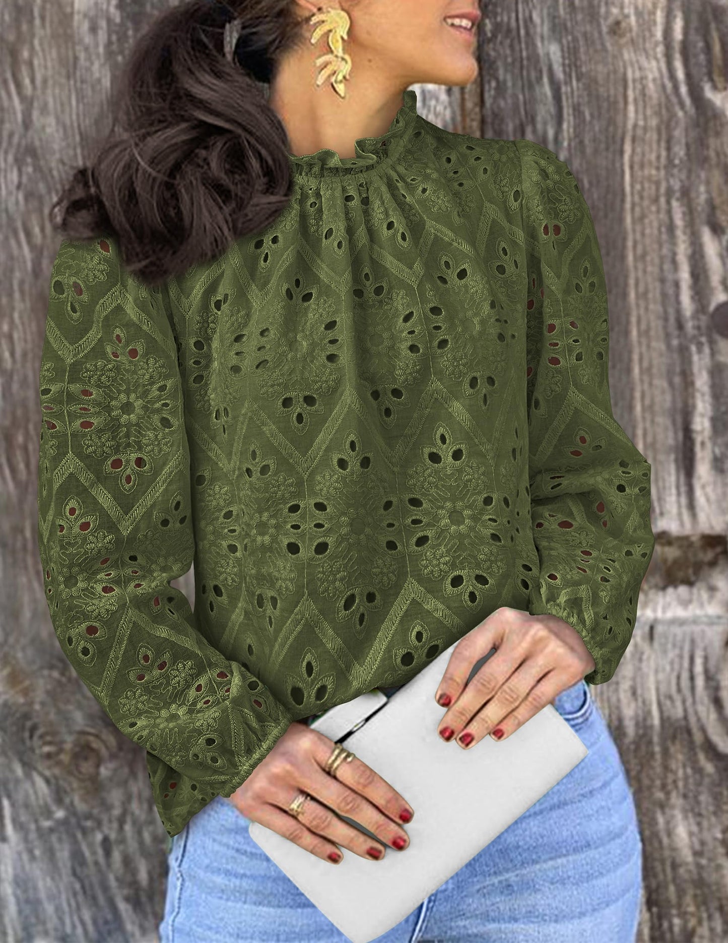 Women’s Blouses Dressy Casual Embroidered Long Puff Sleeve Shirts Ruffle Eyelet Lace Top