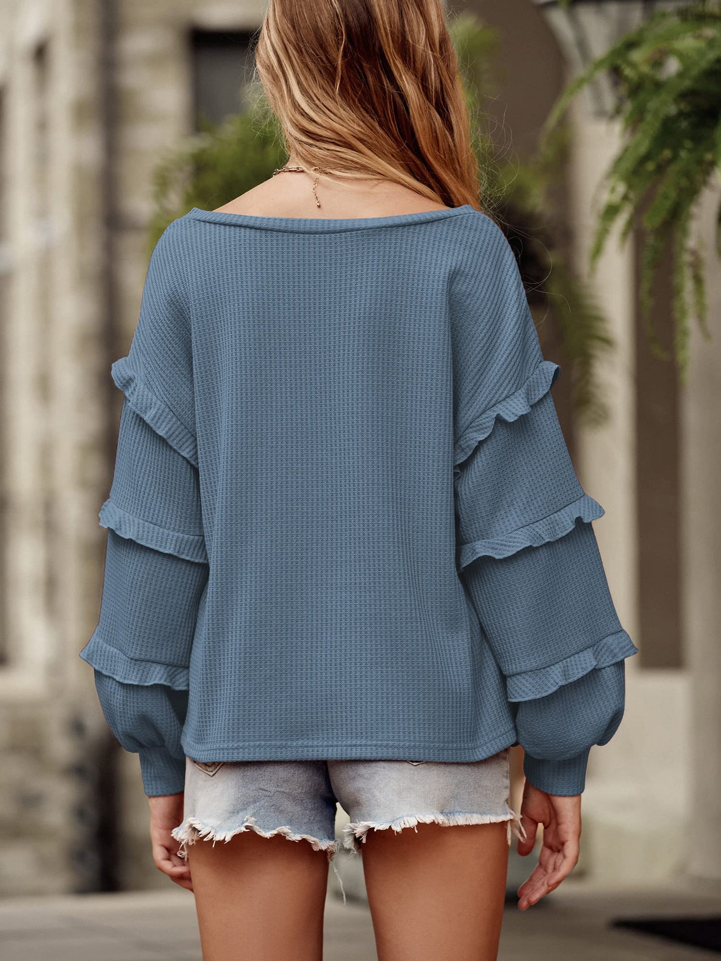 Women’s V Neck Long Sleeve Blouse Loose Fit Tunics Ruffles Off Shoulder Waffle Knit Solid Color Tops