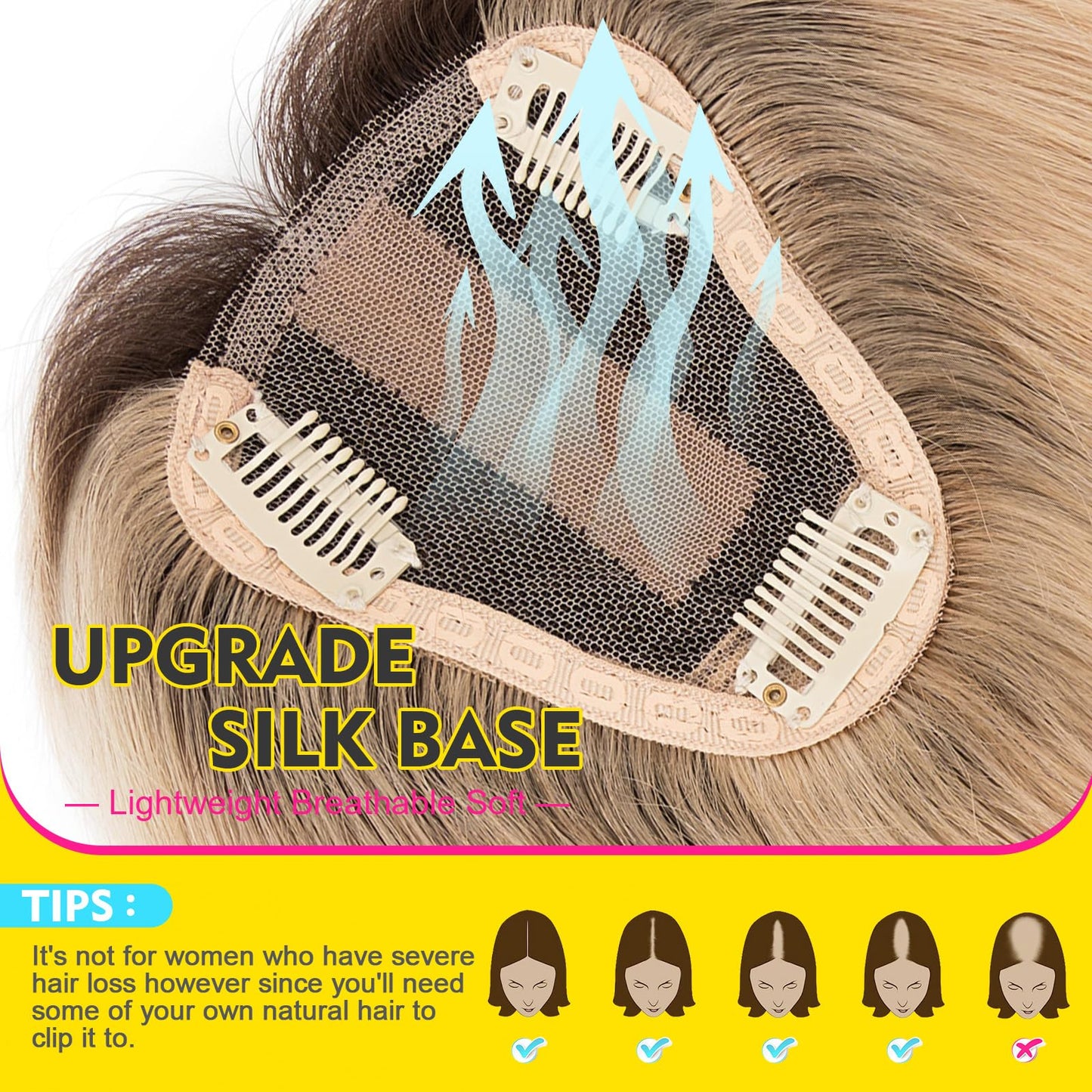 Human Hair Toppers for Women Real Human Hair No Bangs Toppers Hair Pieces for Women with Thinning Hair Upgraded Silk Base 10in. Clip In