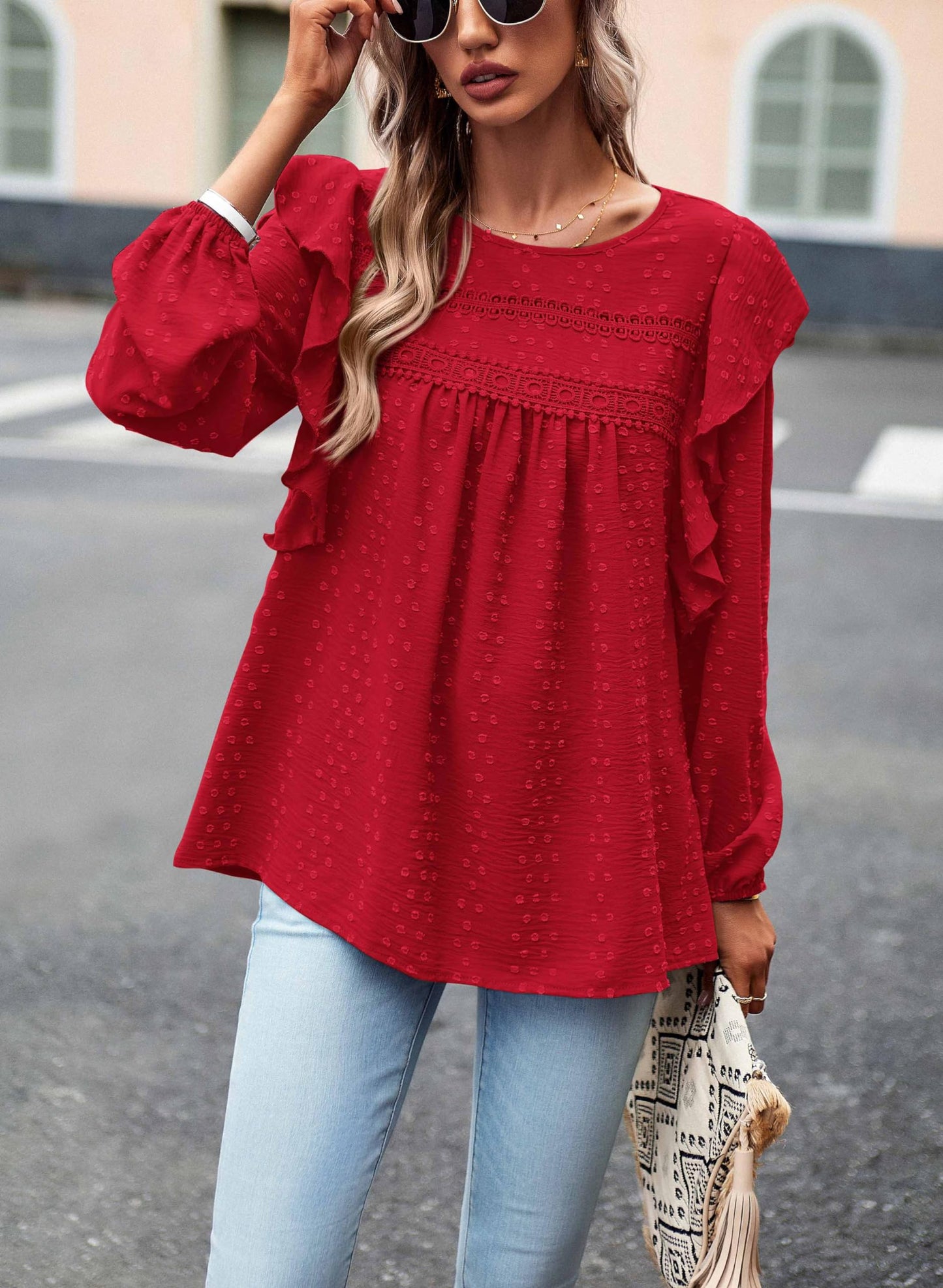 Women's Long Sleeve Blouses Ruffle Swiss Dot Crochet Loose Fit