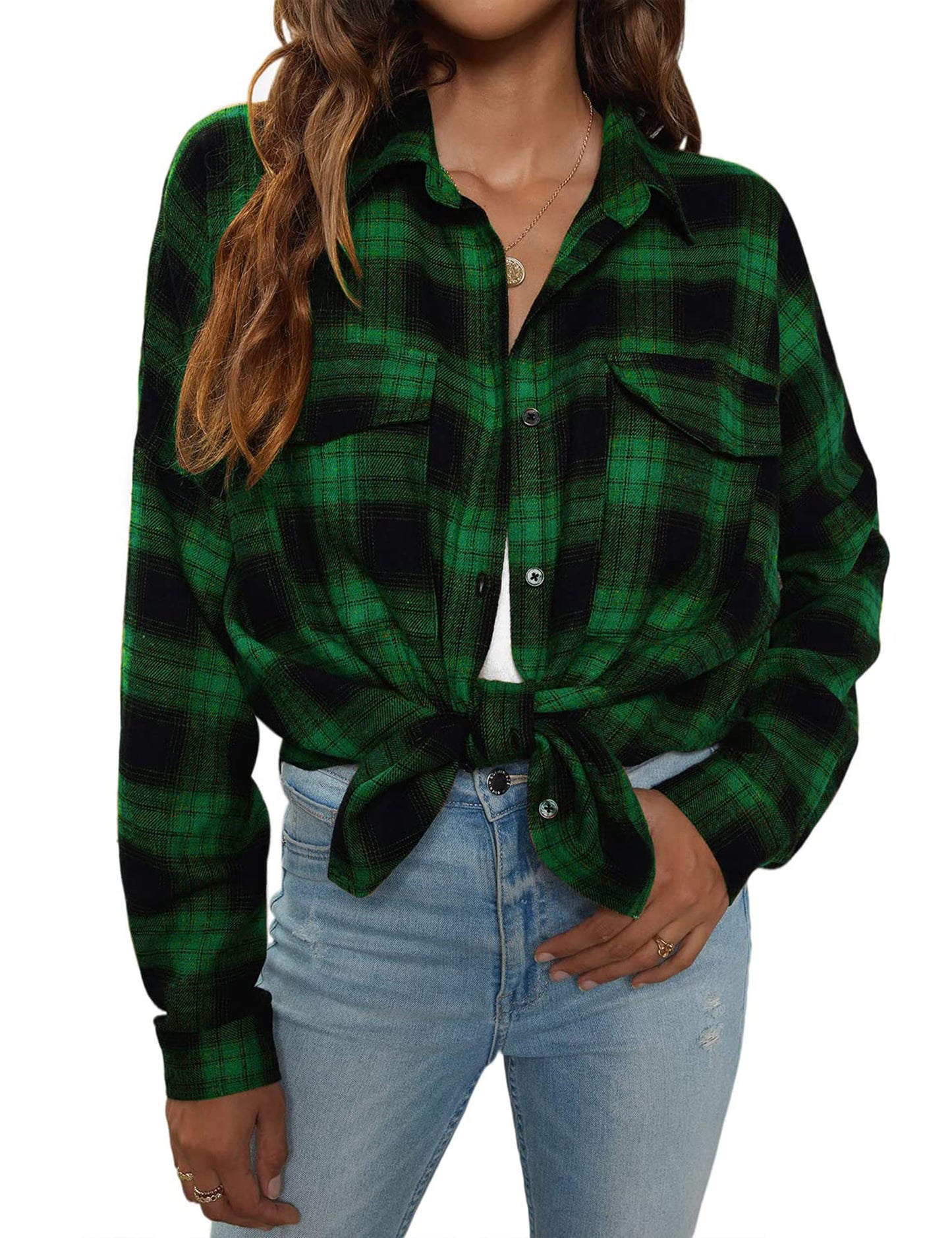 Women's Button Down Flannel Shirts Plaid Shacket Long Sleeve Collared Business Casual Tops Work Blouses