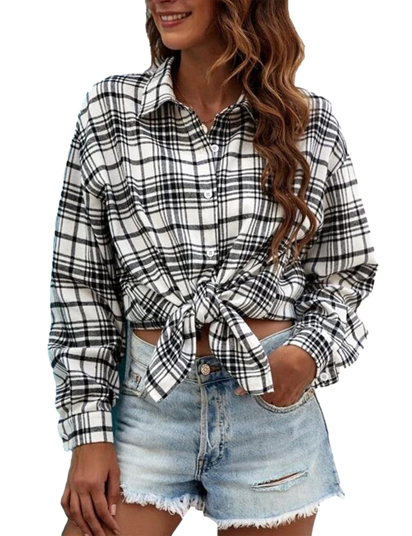 Plaid Flannel Shirts for Women Oversized Long Sleeve Button Down Buffalo Plaid Shirt Blouse Tops