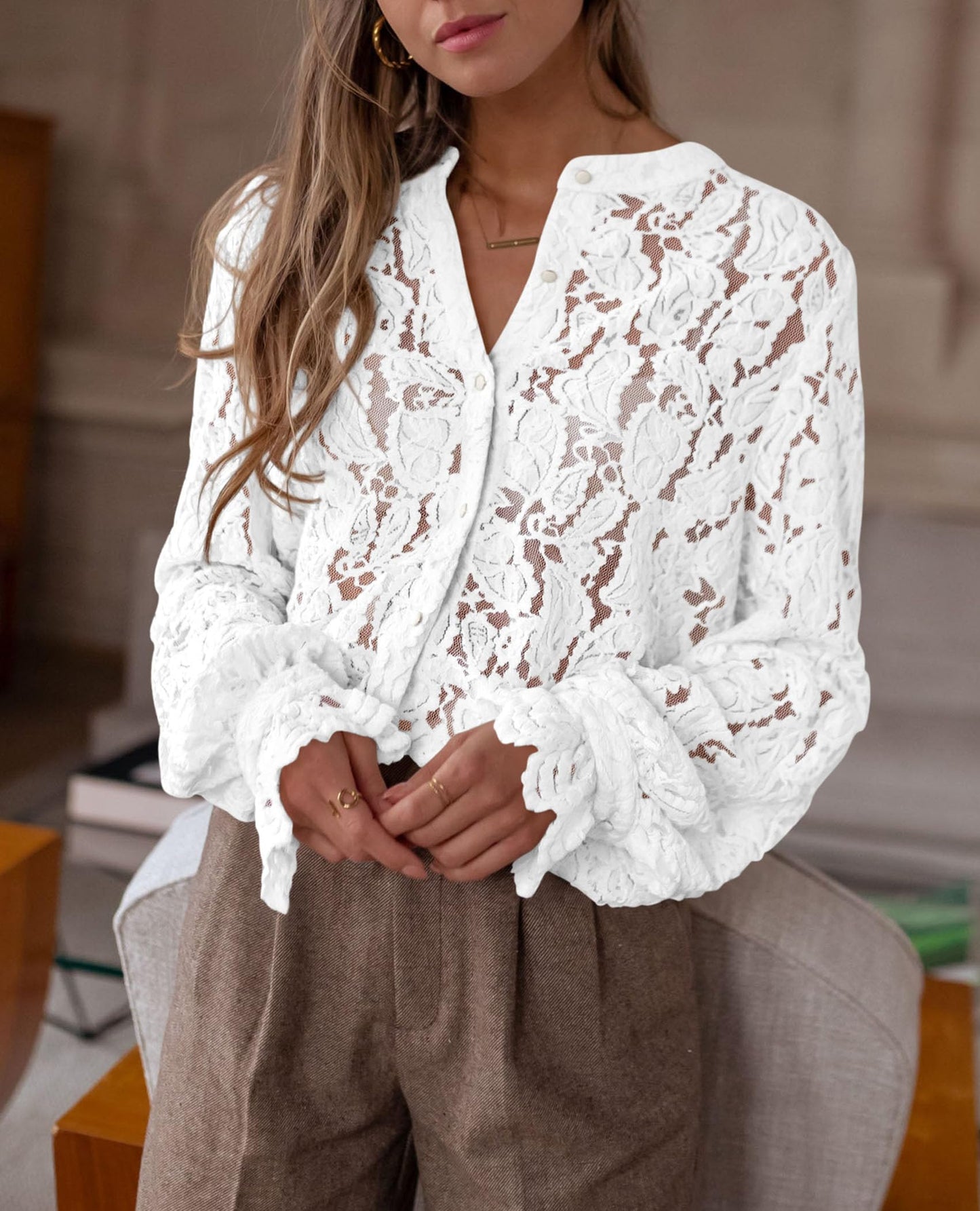 Women's Dressy Casual Lace Blouse Long Sleeve Button Up Shirts Tops