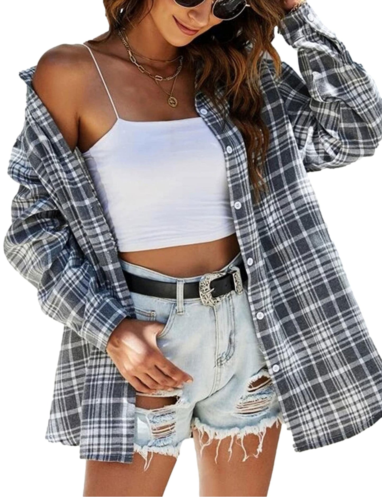 Plaid Flannel Shirts for Women Oversized Long Sleeve Button Down Buffalo Plaid Shirt Blouse Tops