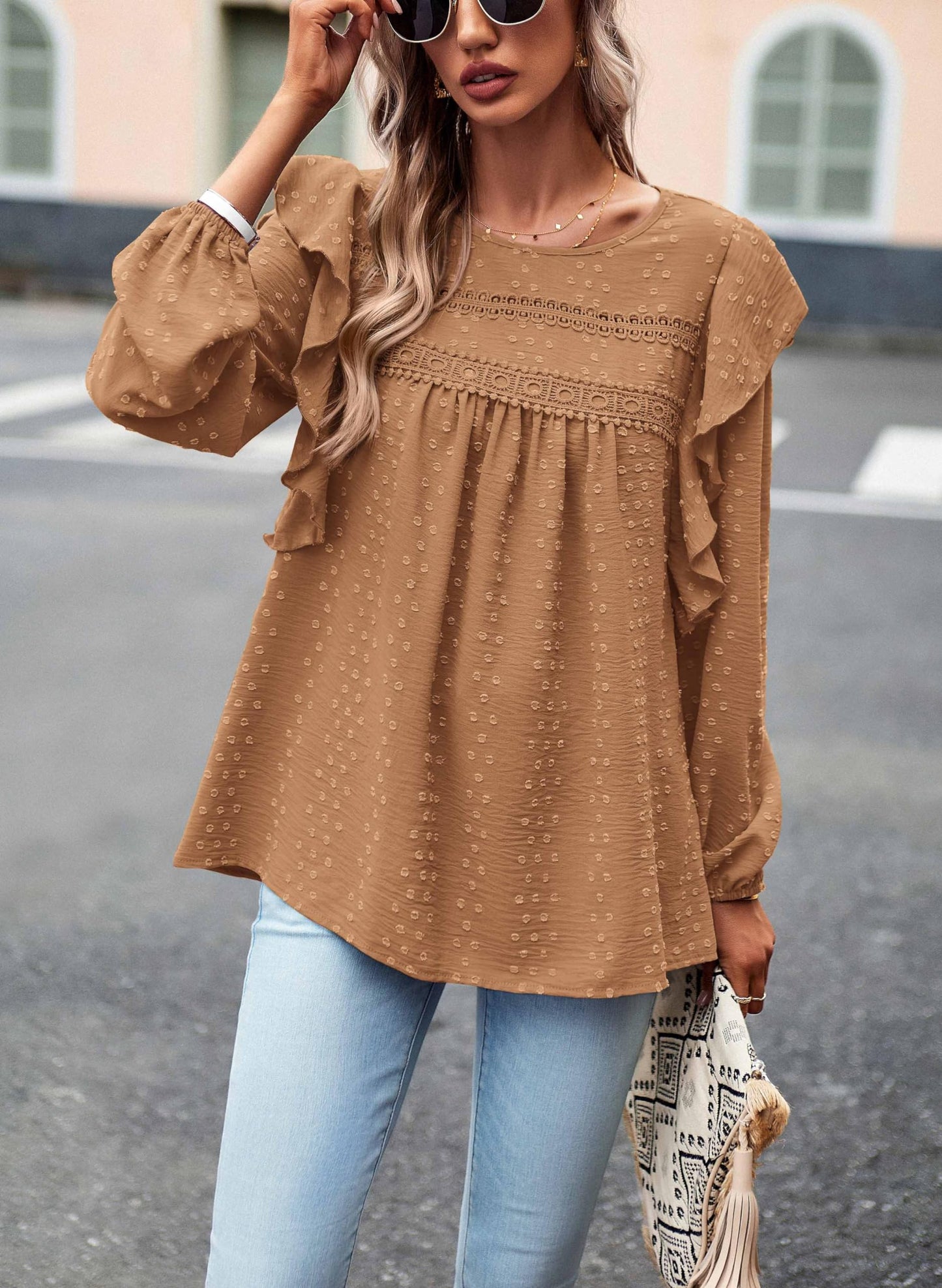 Women's Long Sleeve Blouses Ruffle Swiss Dot Crochet Loose Fit