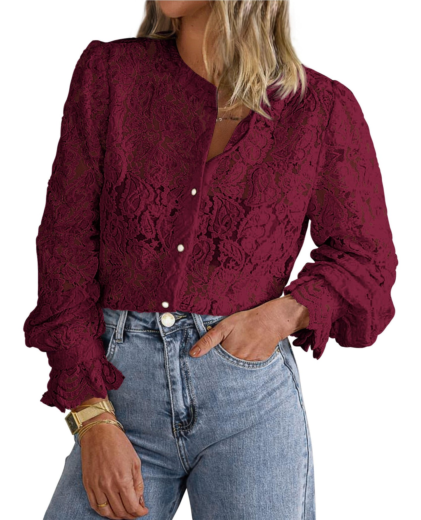 Women's Dressy Casual Lace Blouse Long Sleeve Button Up Shirts Tops